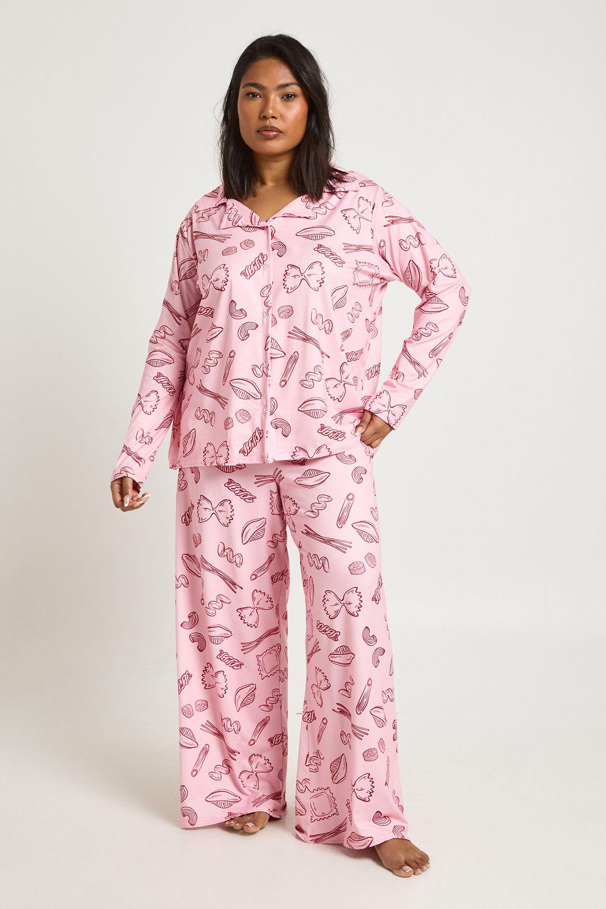 Plus Pasta Print Long Sleeve Shirt And Trousers Pyjama Set by BOOHOO