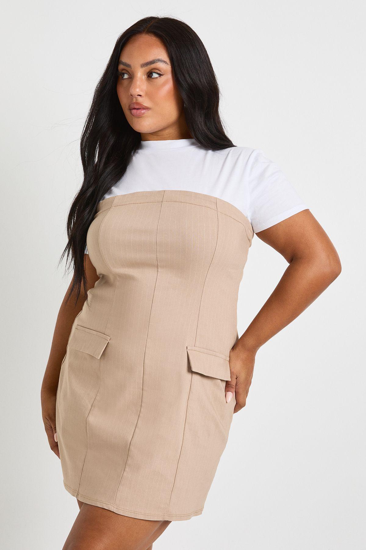 Plus Pinstripe Bandeau Detail T Shirt Dress by BOOHOO