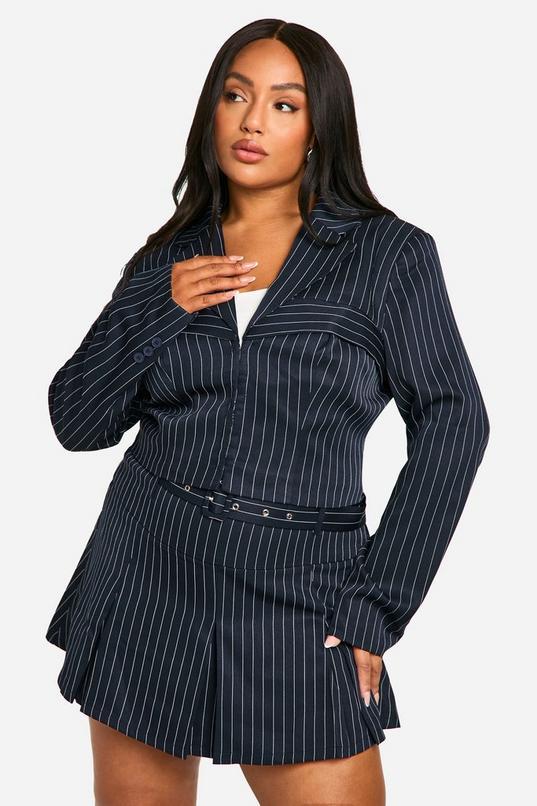Plus Pinstripe Corset Detail Cropped Blazer by BOOHOO
