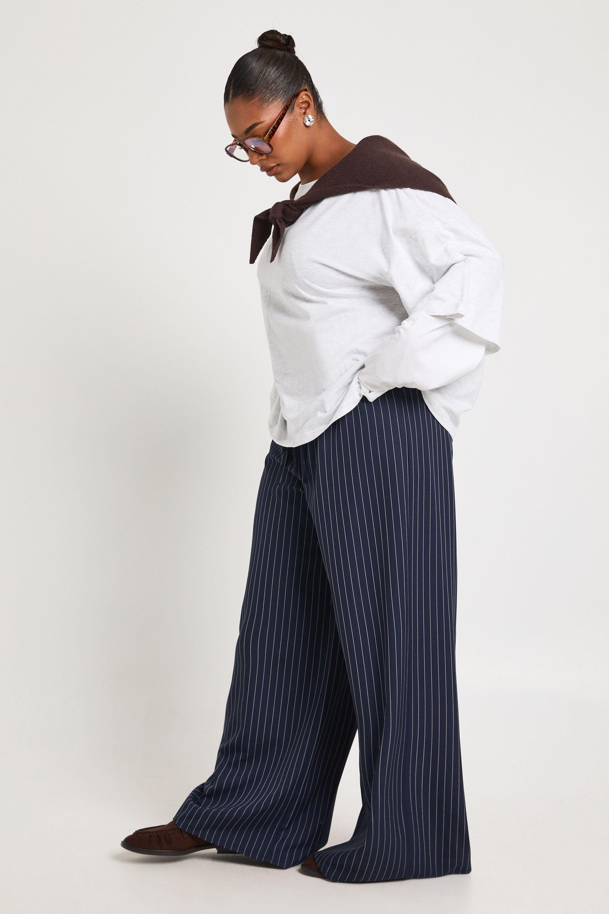Plus Pinstripe Woven Elasticated Waist Drawstring Wide Leg Trouser by BOOHOO
