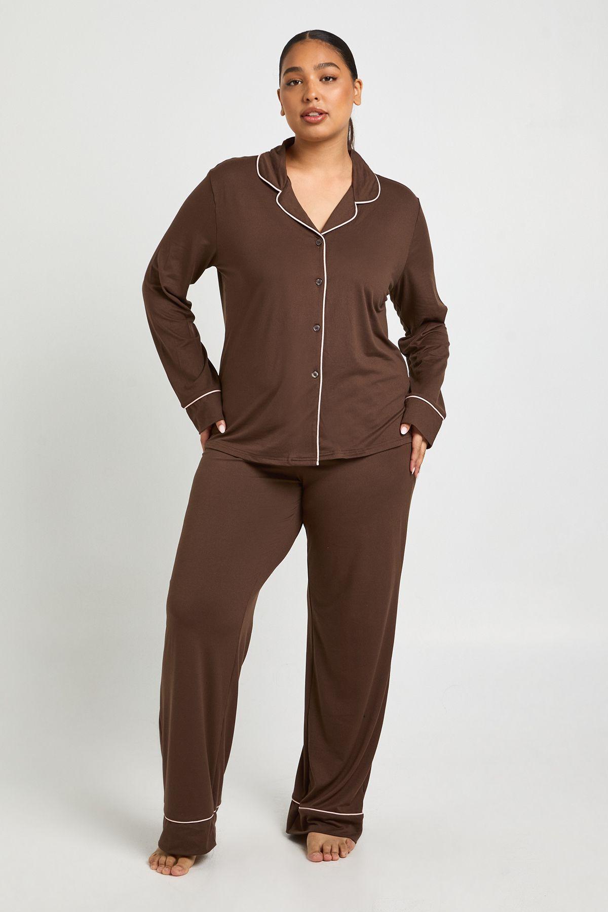 Plus Piping Detail Long Sleeve Shirt & Trouser Pyjama Set by BOOHOO