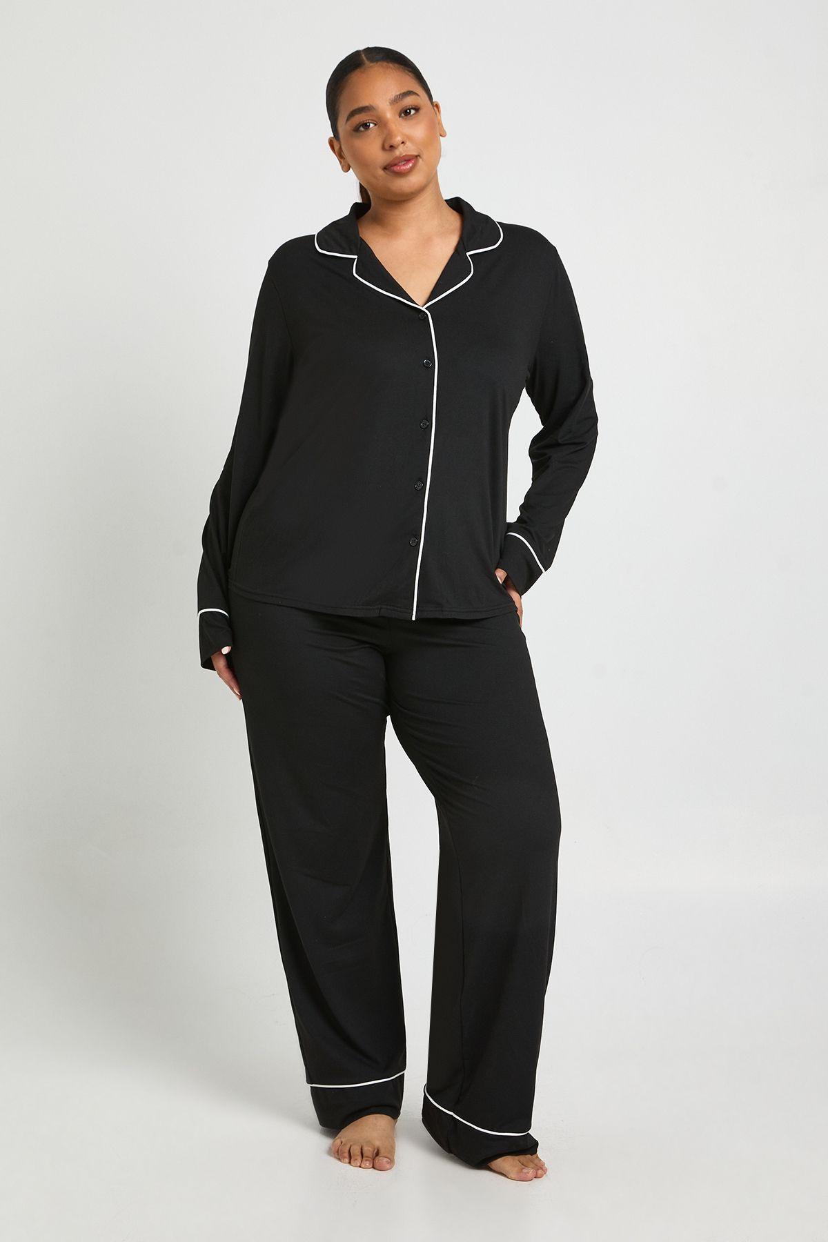Plus Piping Detail Long Sleeve Shirt & Trouser Pyjama Set by BOOHOO