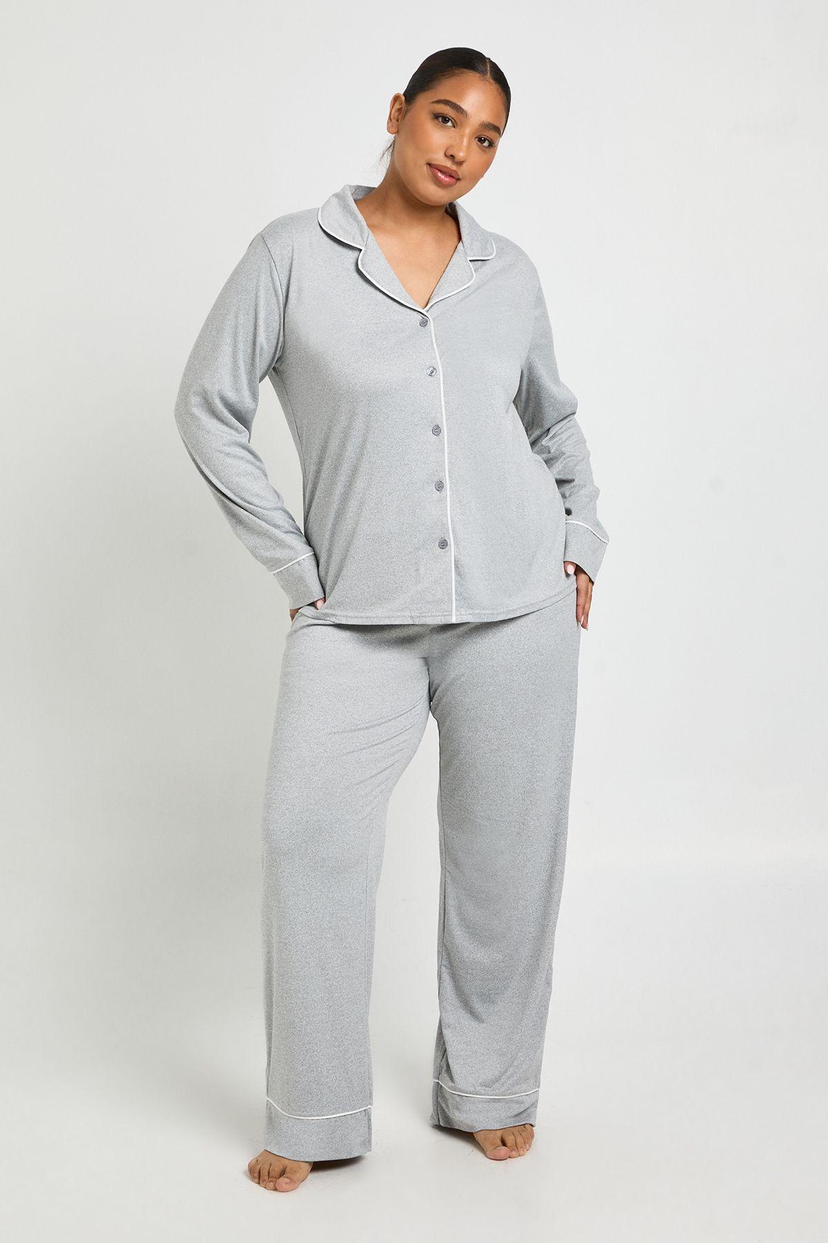 Plus Piping Detail Long Sleeve Shirt & Trouser Pyjama Set by BOOHOO