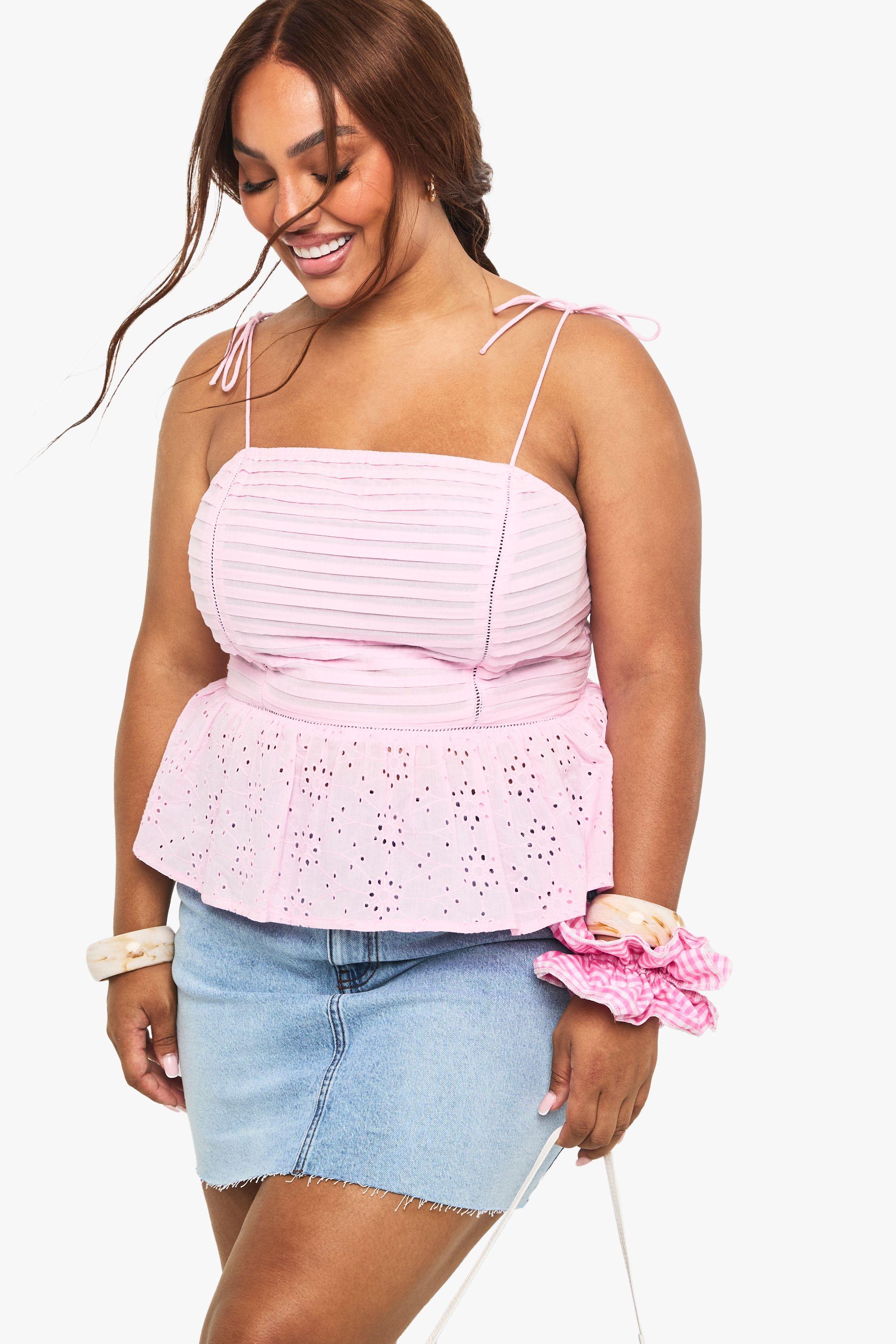 Plus Pleated Broderie Peplum Cami Top by BOOHOO