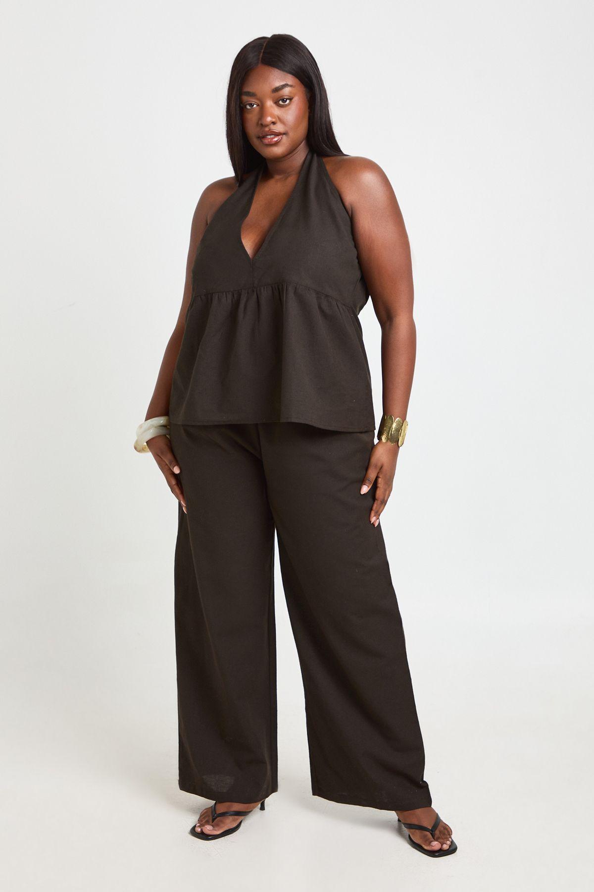 Plus Pleated Linen Look Halterneck and Trouser Set by BOOHOO