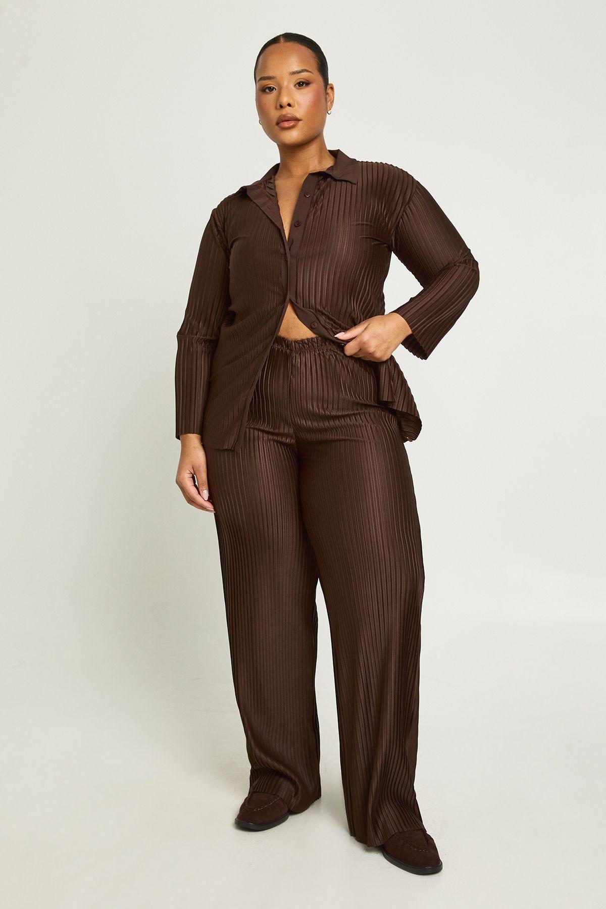 Plus Plisse Long Sleeve Shirt And Wide Leg Trouser by BOOHOO