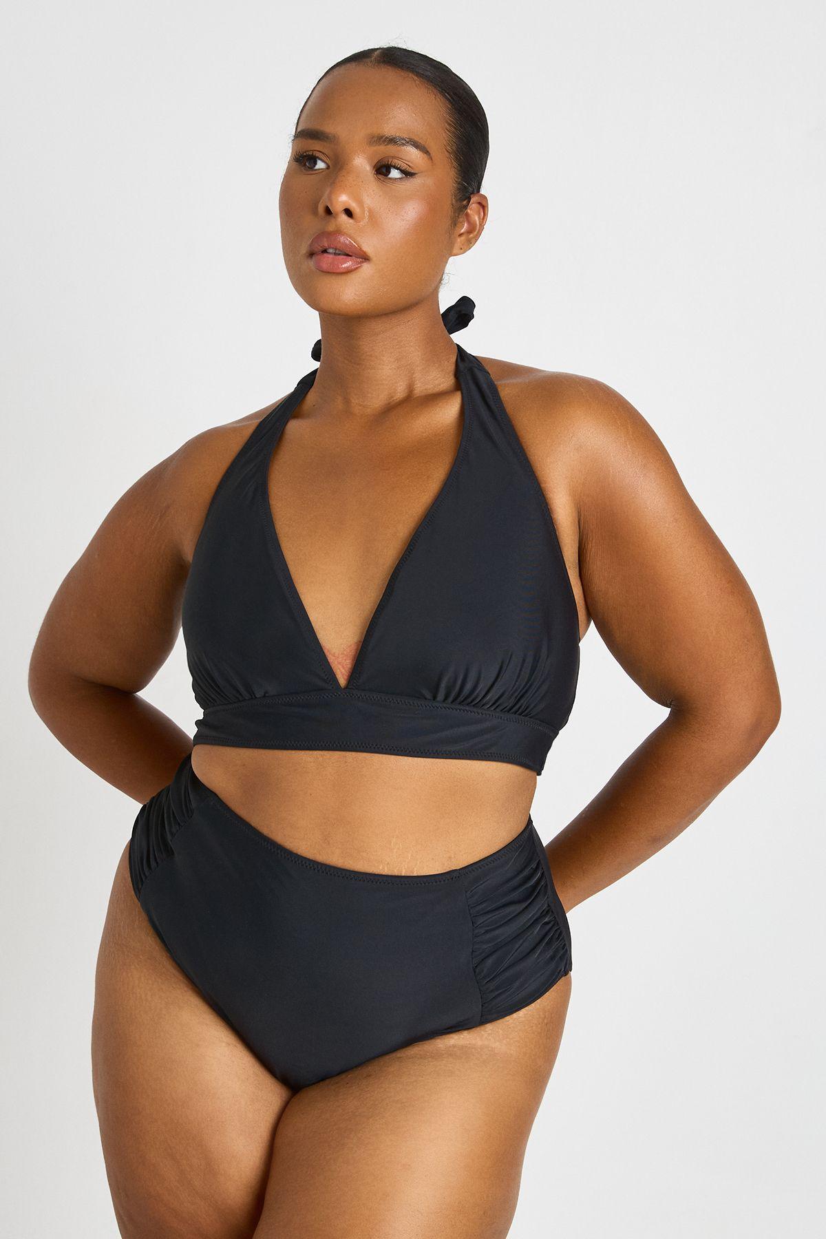 Plus  Plunge Top & Tummy Control Ruched Bottom Bikini Set by BOOHOO