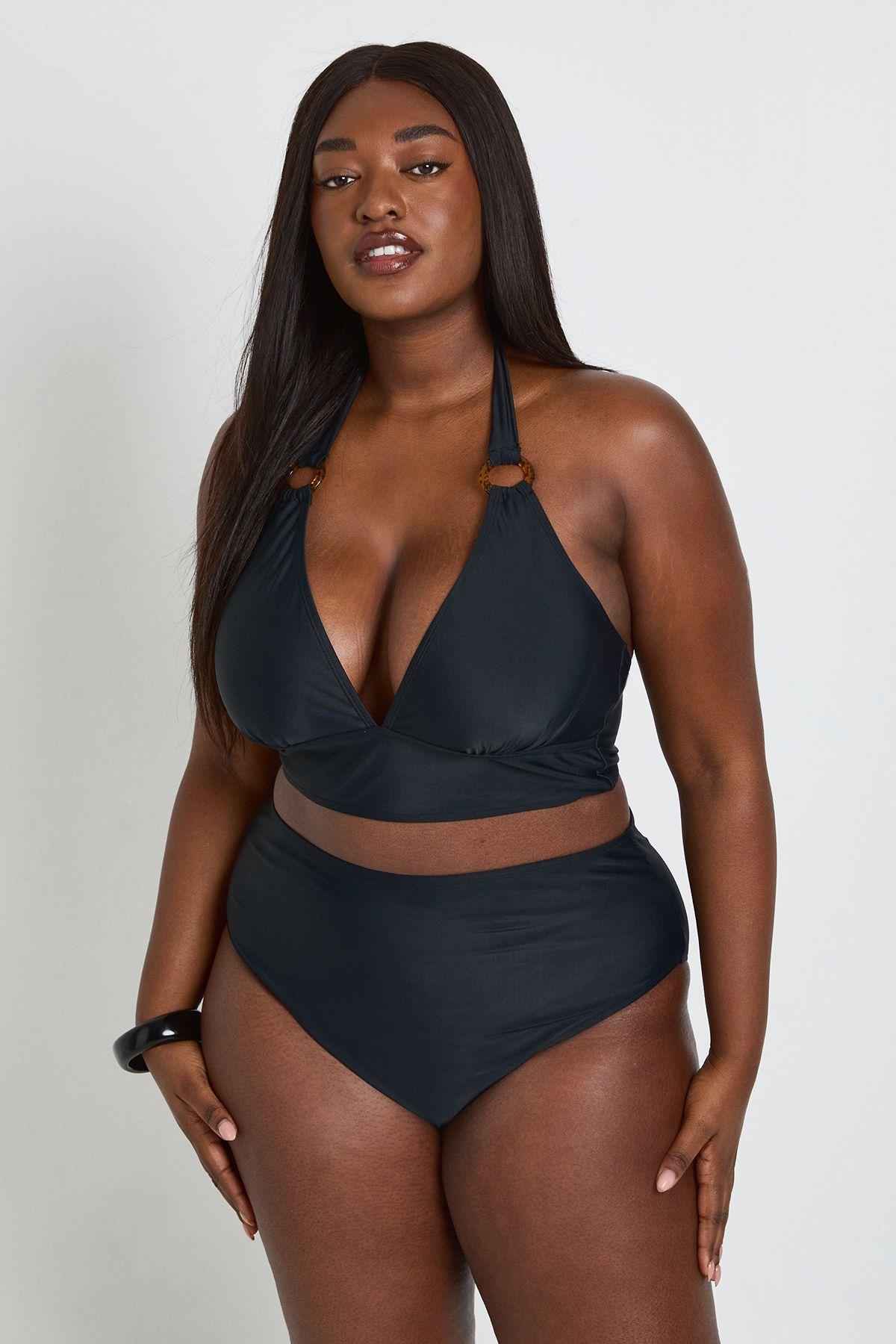 Plus Plunge Trim Detail Bikini Top & High Waist Set by BOOHOO