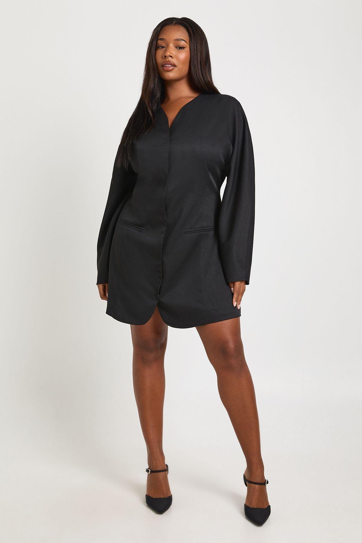 Plus Plus Collarless Cinched Waist Blazer Dress by BOOHOO
