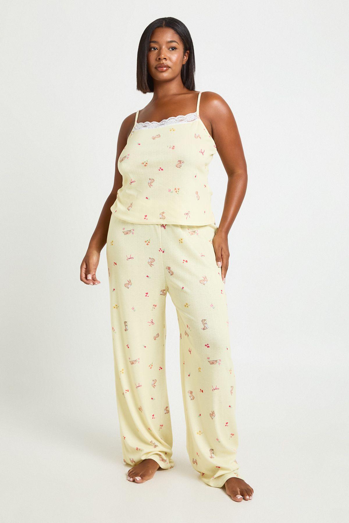 Plus Pointelle Bunny Print Cami And Trouser Pj Set by BOOHOO