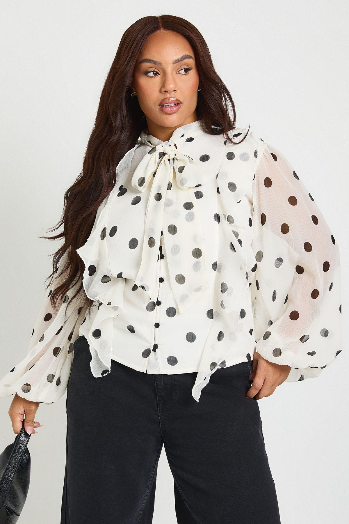Plus Polka Dot Chiffon Balloon Sleeve Blouse by BOOHOO