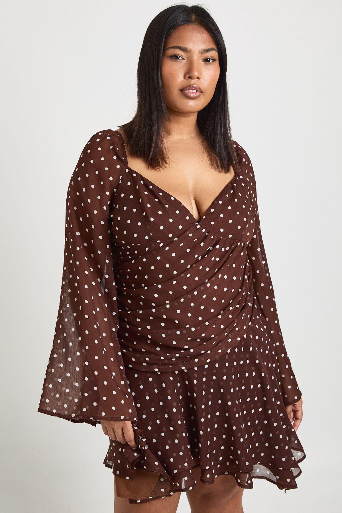 Plus Polka Dot Chiffon Godet Skater by BOOHOO