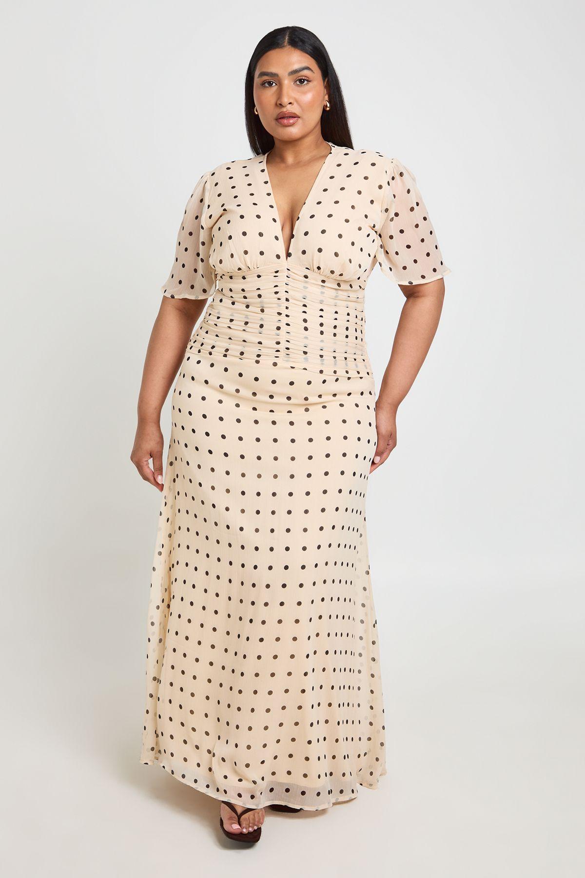 Plus Polka Dot Chiffon Ruched Waist Maxi Dress by BOOHOO