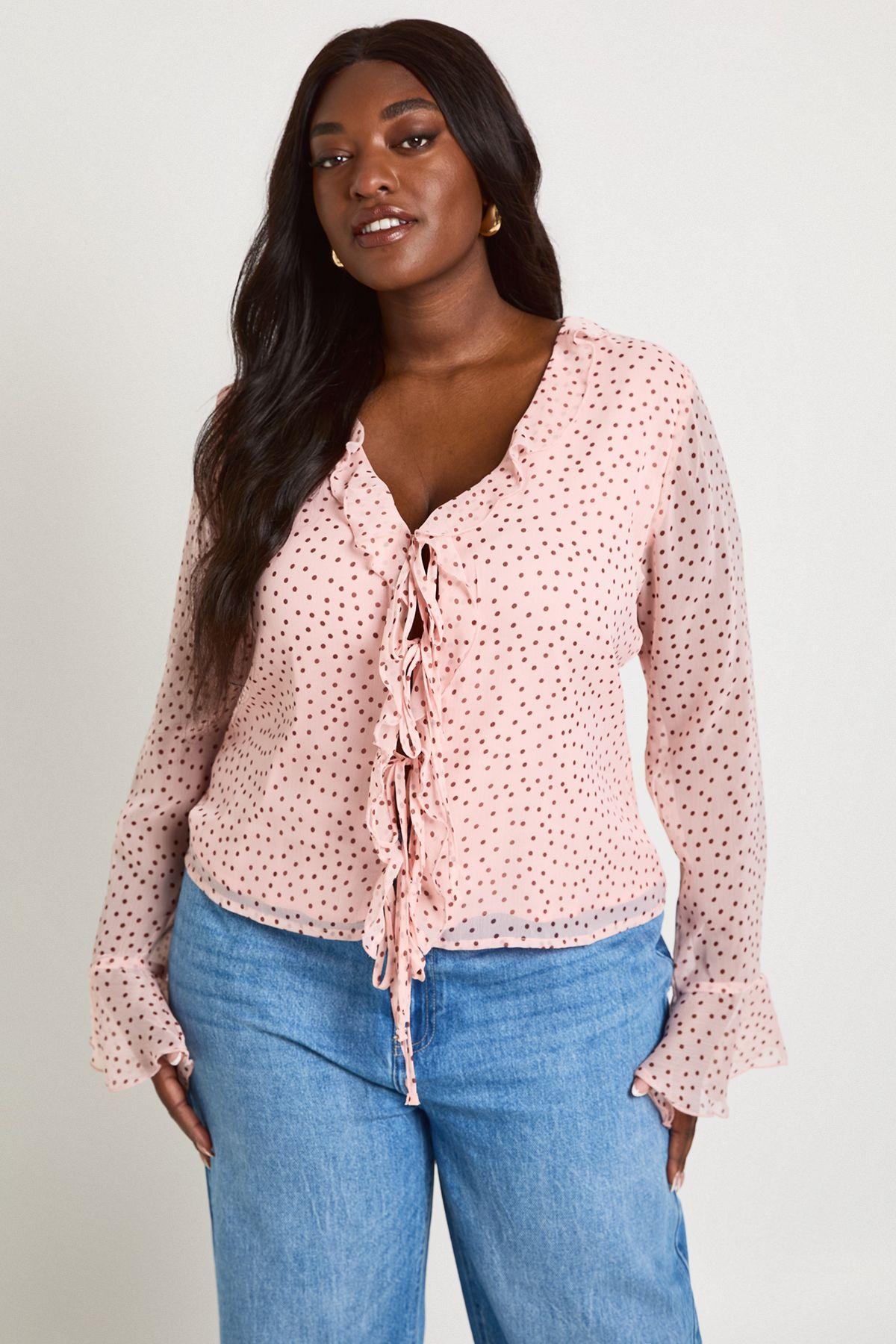 Plus Polka Dot Chiffon Ruffle Blouse by BOOHOO