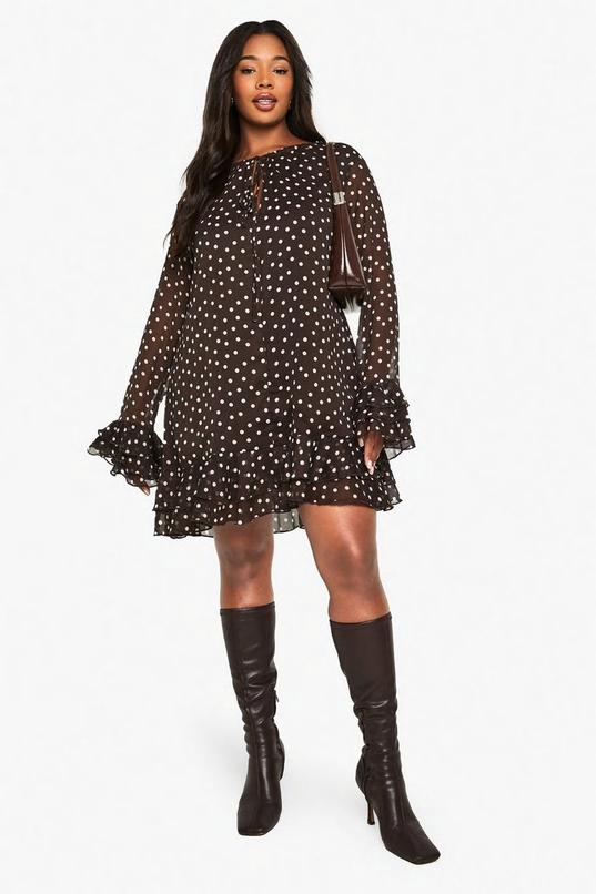 Plus Polka Dot Chiffon Smock Dress by BOOHOO