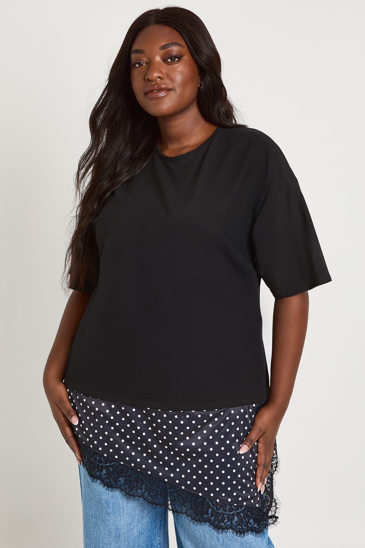 Plus Polka Dot Lace Satin Asymmetric Hem T-Shirt by BOOHOO