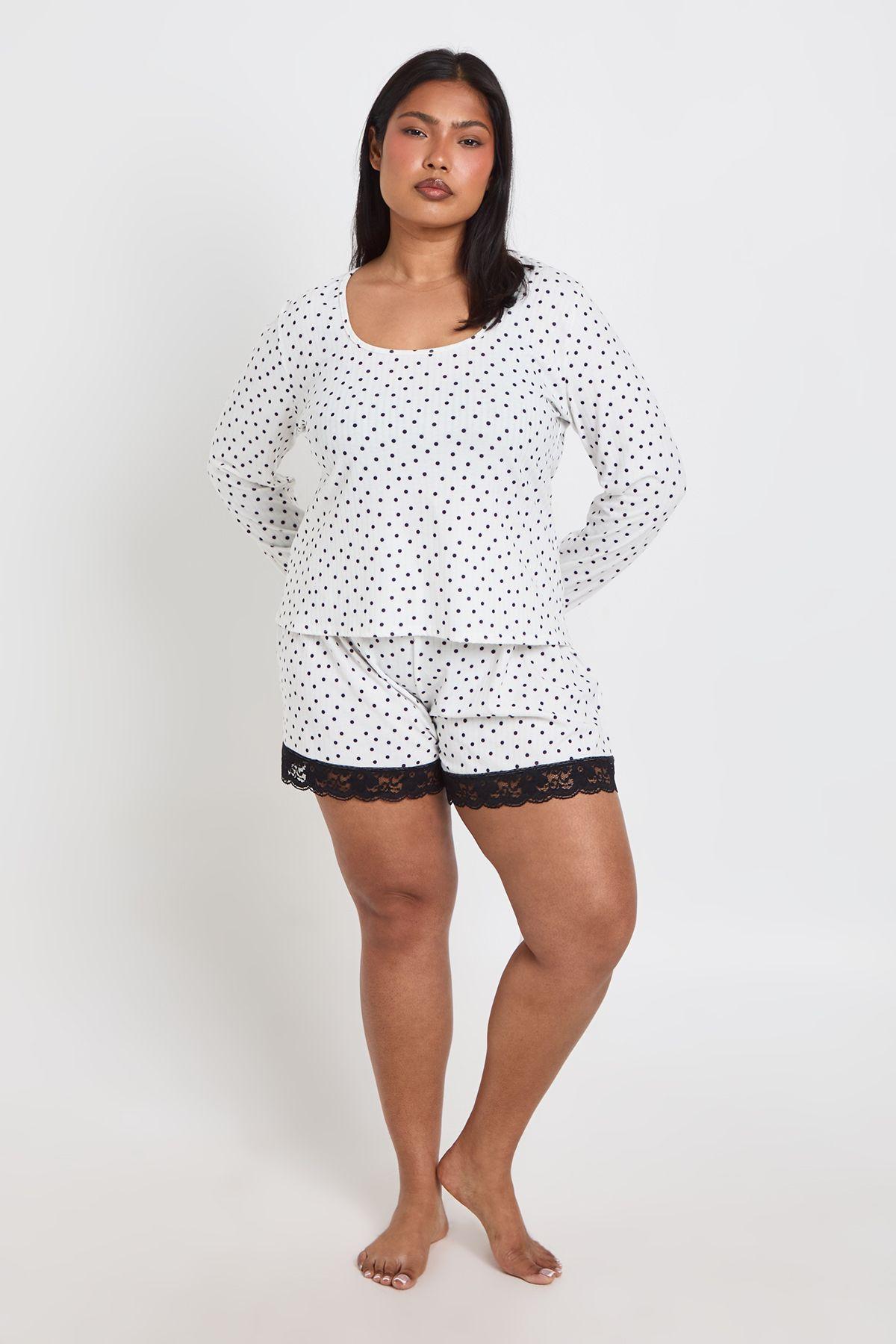 Plus Polka Dot Long Sleeve And Short Pyjama Set by BOOHOO