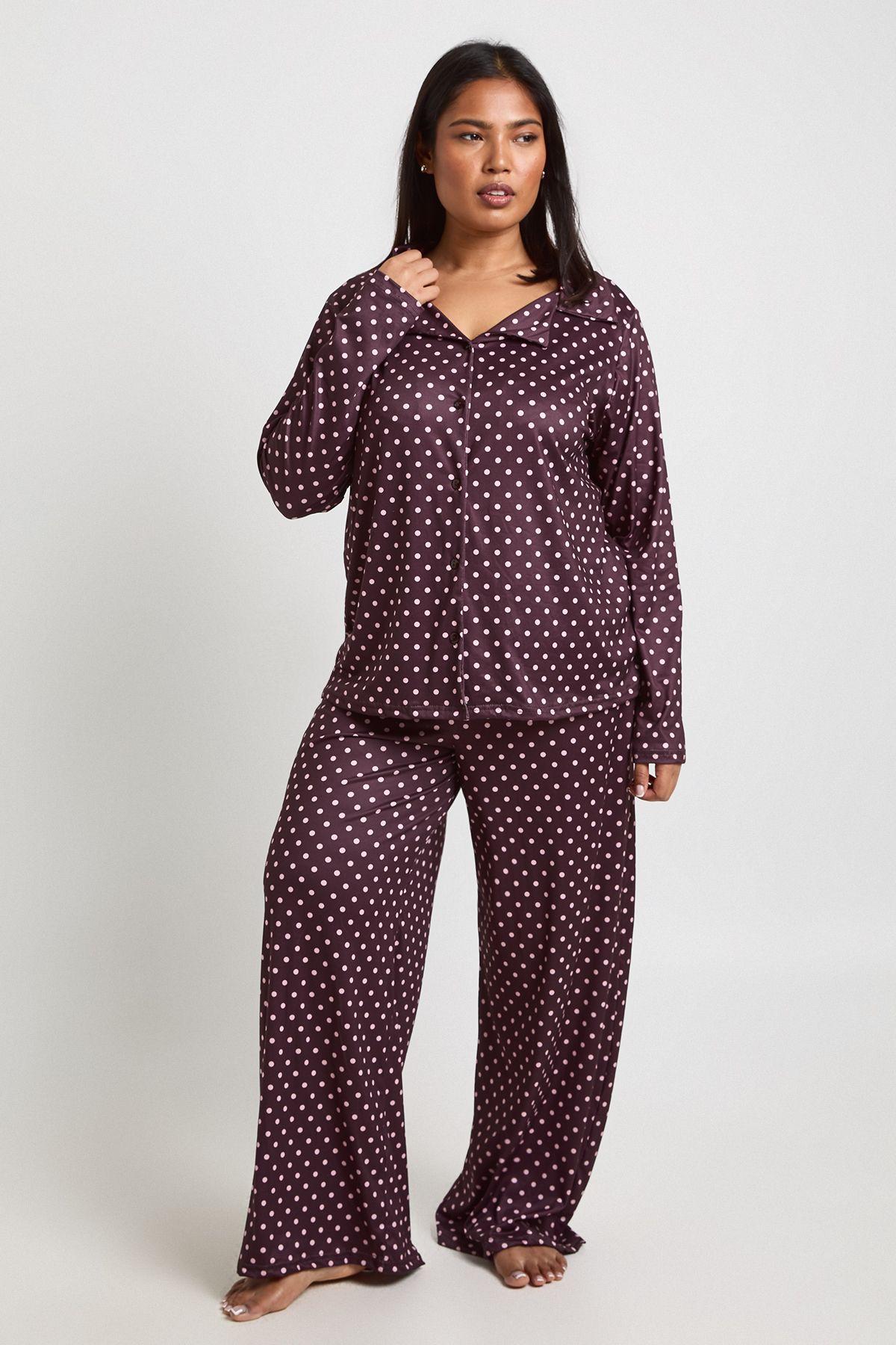 Plus Polka Dot Print Long Sleeve Shirt & Trouser Pyjama Set by BOOHOO