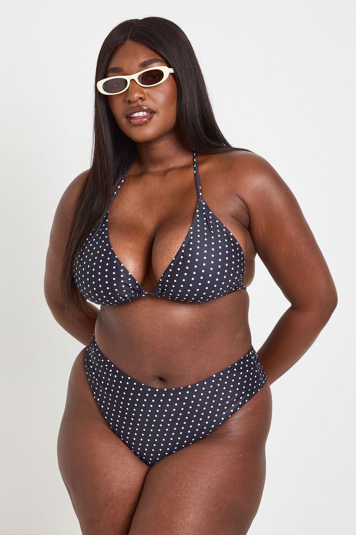 Plus Polka Dot Print Triangle Bikini Top & High Waist Bottom Set by BOOHOO
