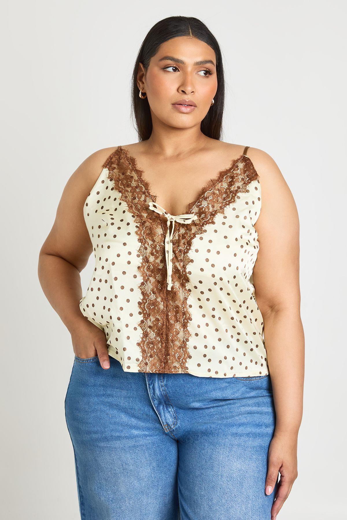 Plus Polka Dot Satin Tie Lace Cami Top by BOOHOO