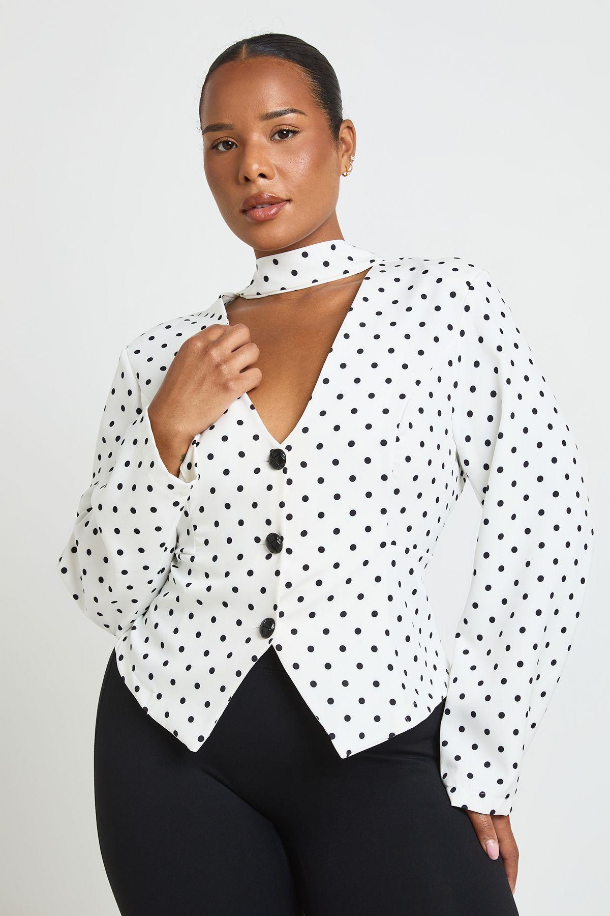 Plus Polka Dot Scarf Detail Fitted Blazer by BOOHOO