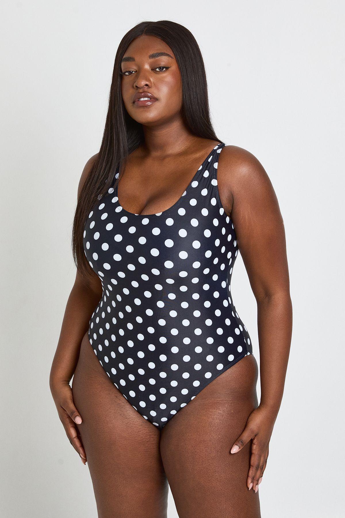 Plus Polka Dot Scoop Neck Swimsuit by BOOHOO