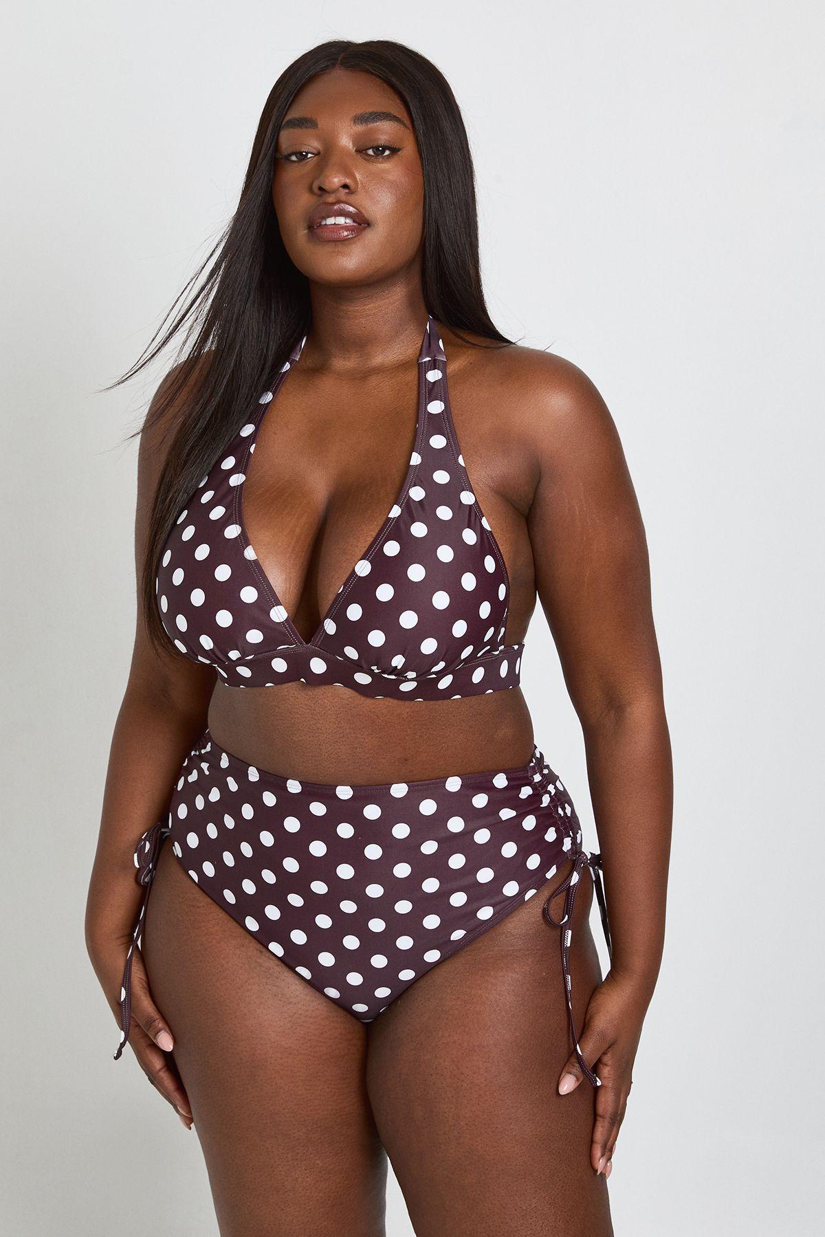 Plus Polka Dot Tummy Control High Waist and Plunge Bikini Top by BOOHOO