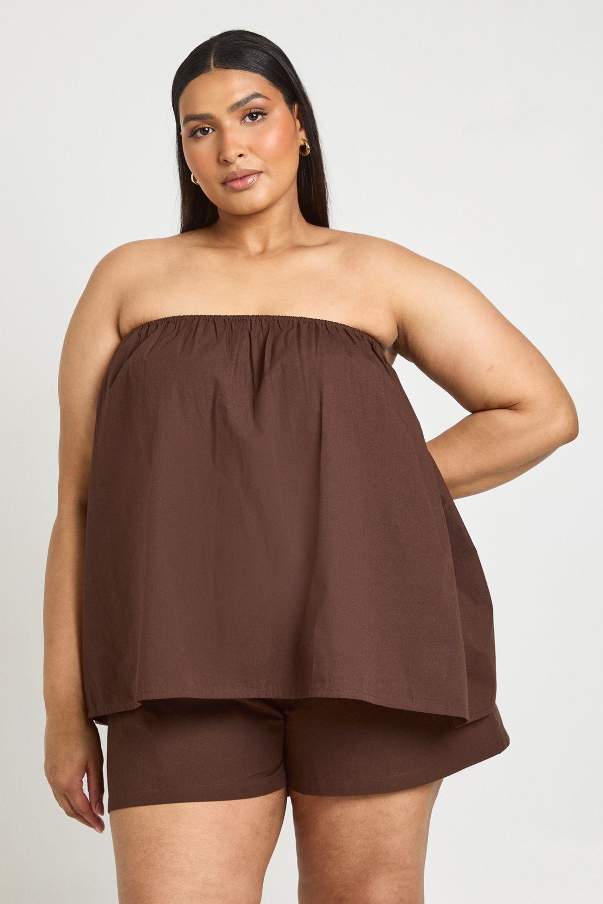 Plus Poplin Bandeau Smock Top & Flippy Short by BOOHOO