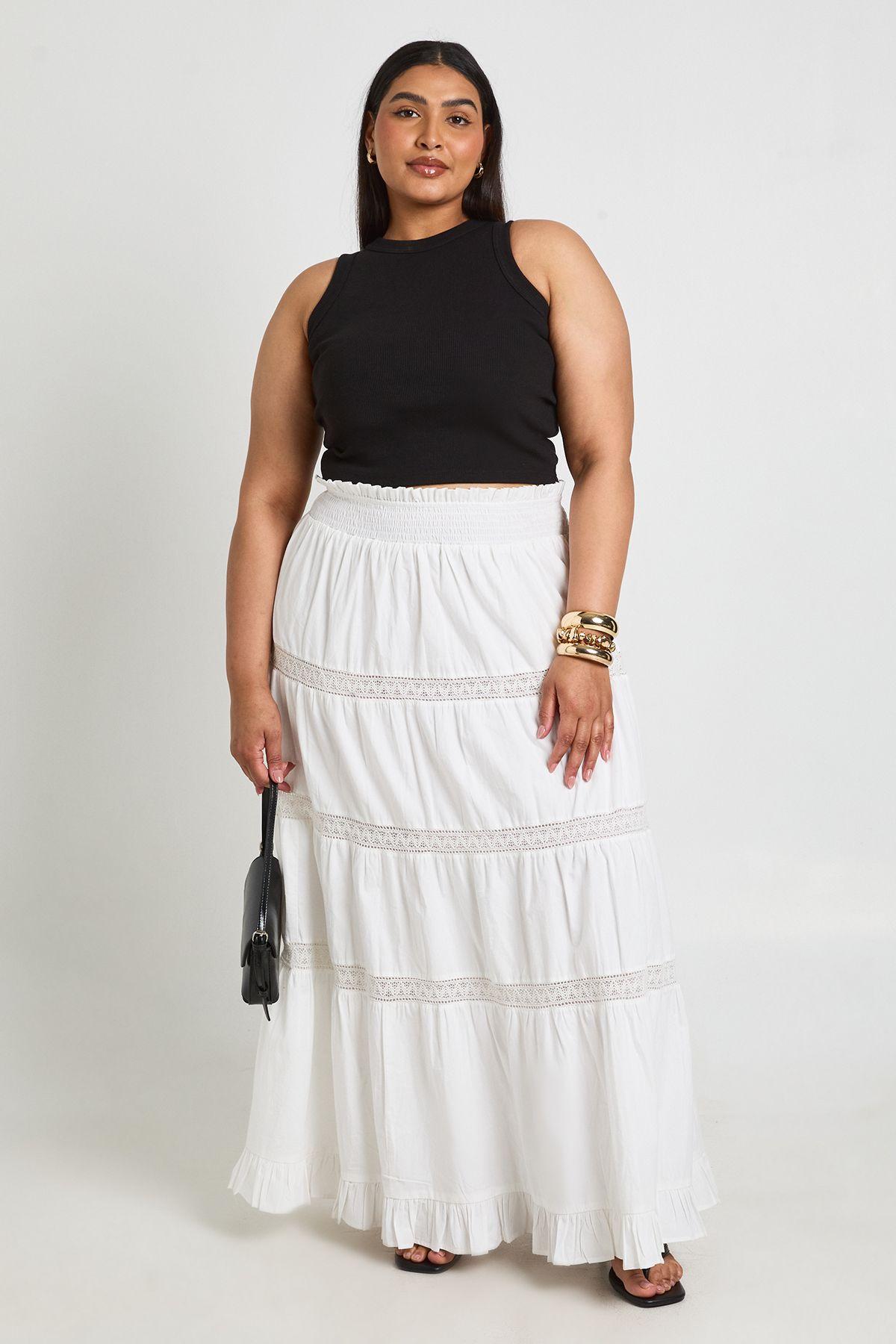 Plus Poplin Lace Detail Tired Maxi Skirt by BOOHOO
