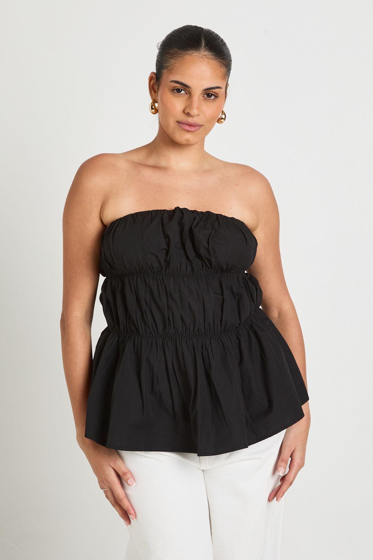 Plus Poplin Shirred Bandeau Top by BOOHOO