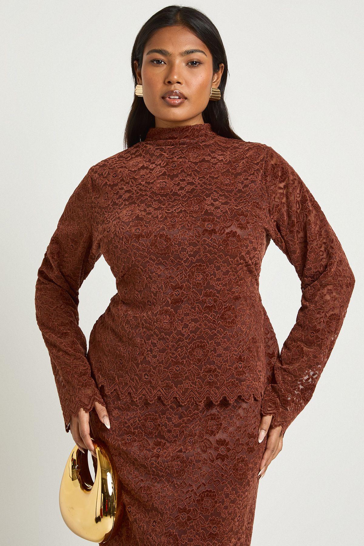 Plus Premium Lace High Neck Long Sleeve Top by BOOHOO