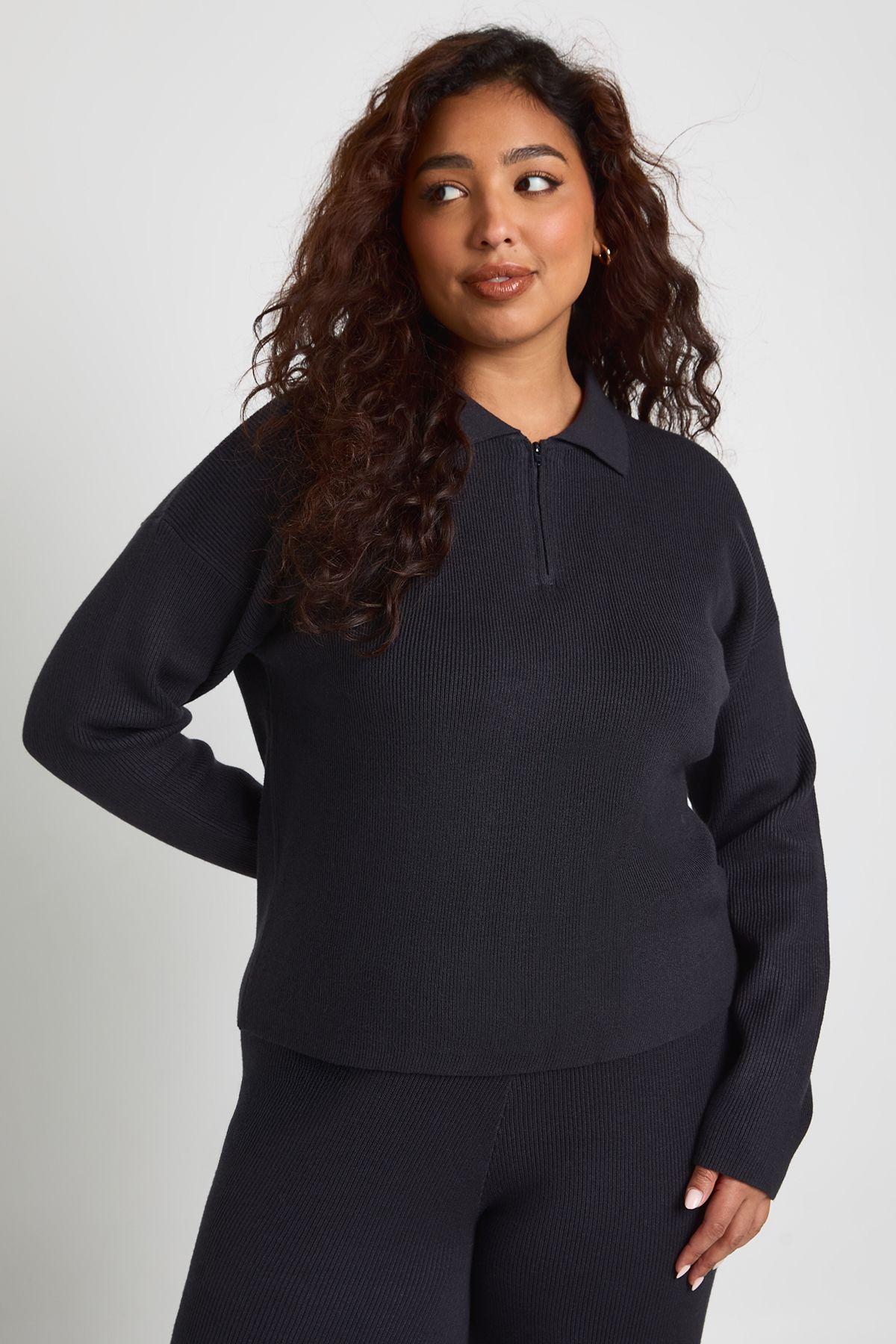 Plus Premium Long Sleeve Collared Rib Knit Top by BOOHOO