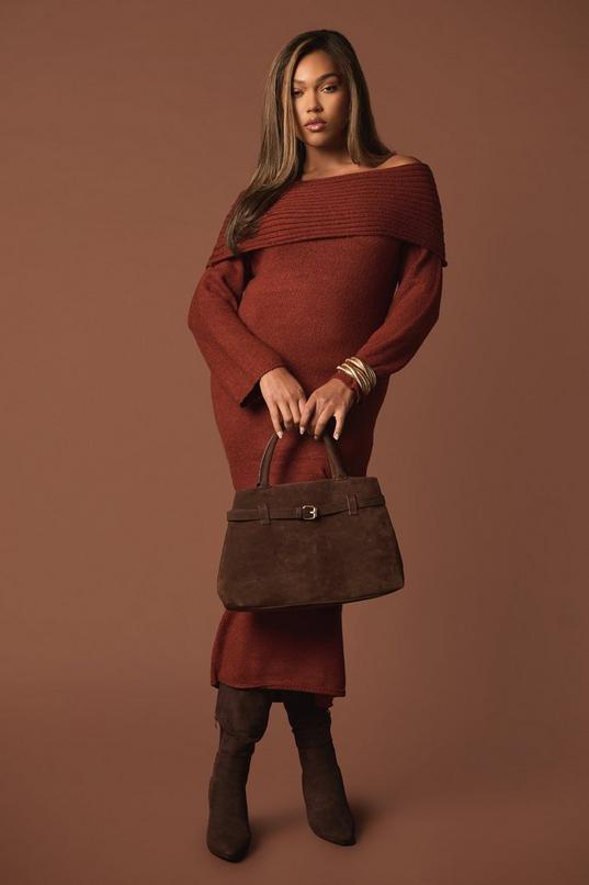 Plus Premium Oversized Rib Bardot Neckline Soft Knit Jumper Dress by BOOHOO