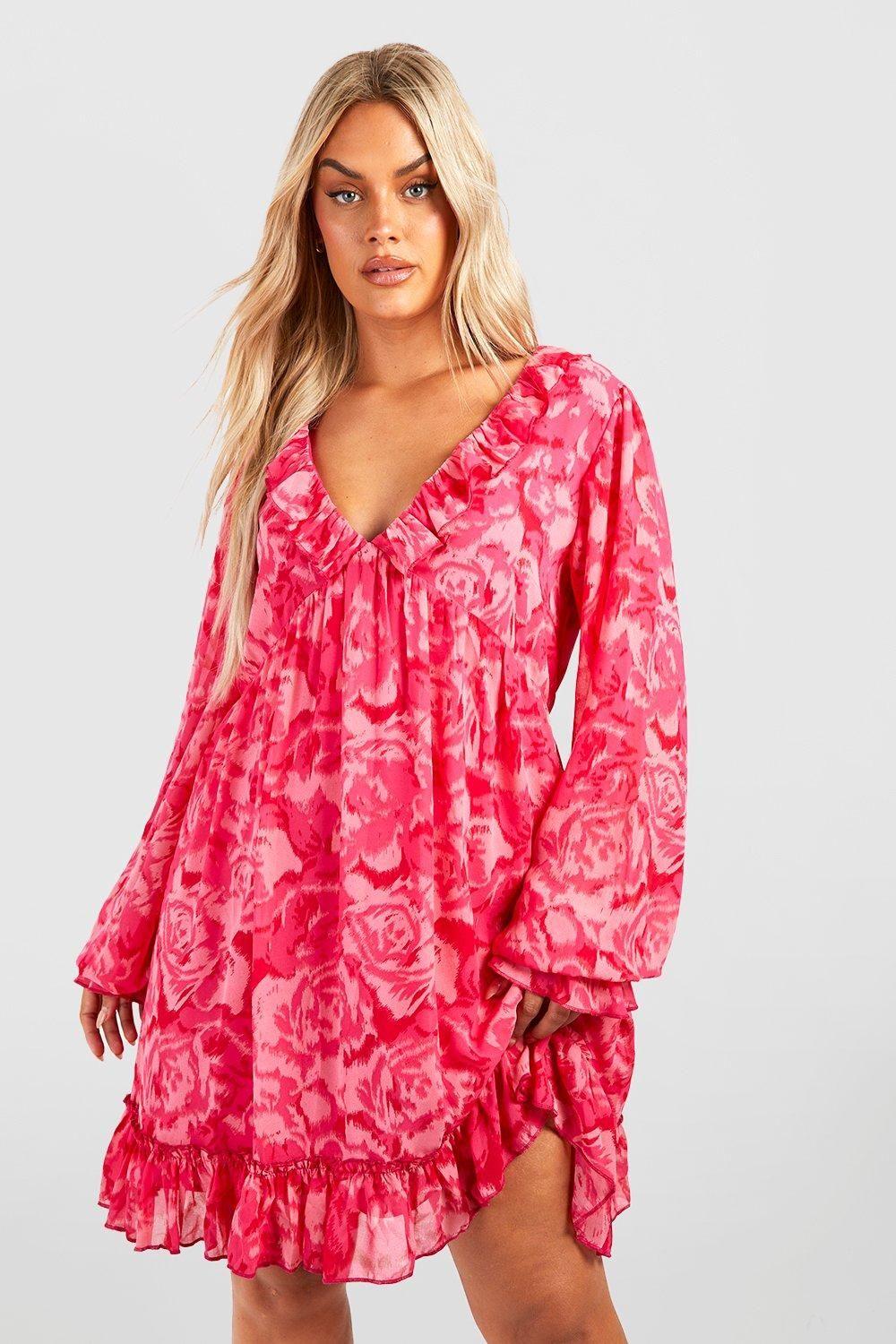 Plus Printed Chiffon Wrap Smock Dress by BOOHOO