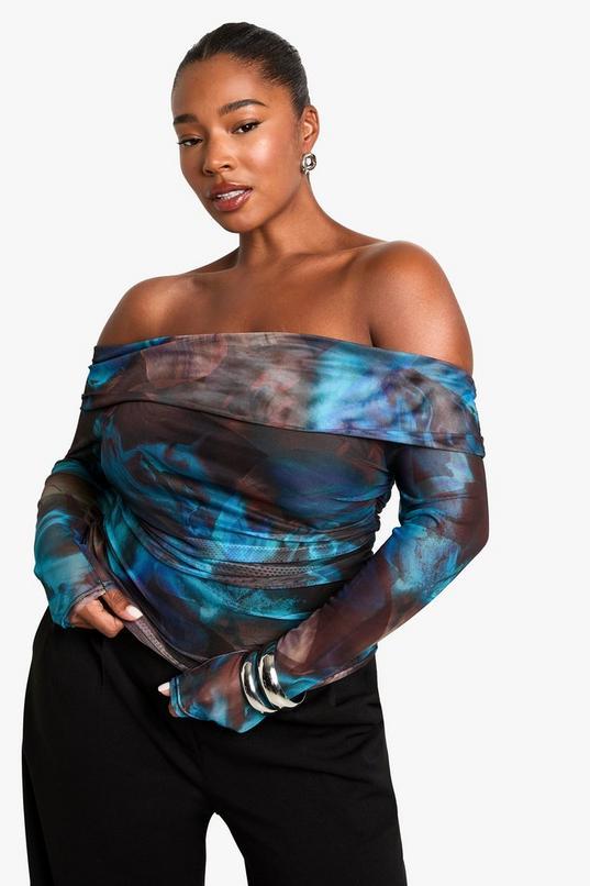 Plus Printed Mesh Bardot Top by BOOHOO