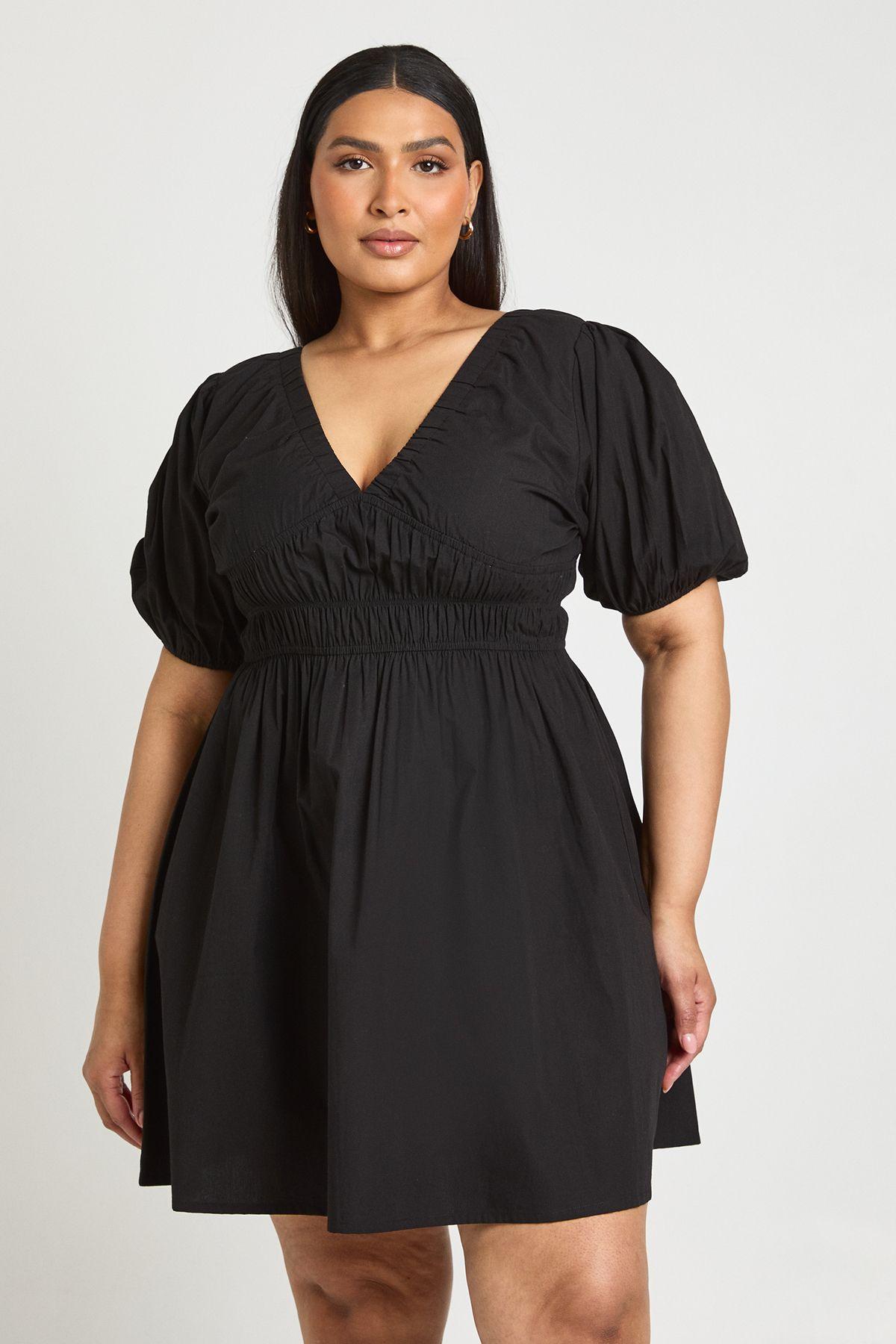 Plus Puff Ball Sleeve Poplin Mini Dress by BOOHOO