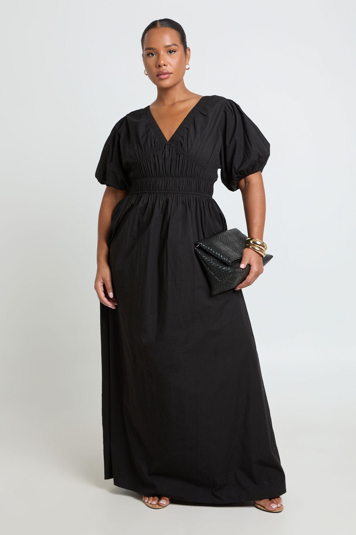 Plus Puff Sleeve Poplin Maxi Dress by BOOHOO