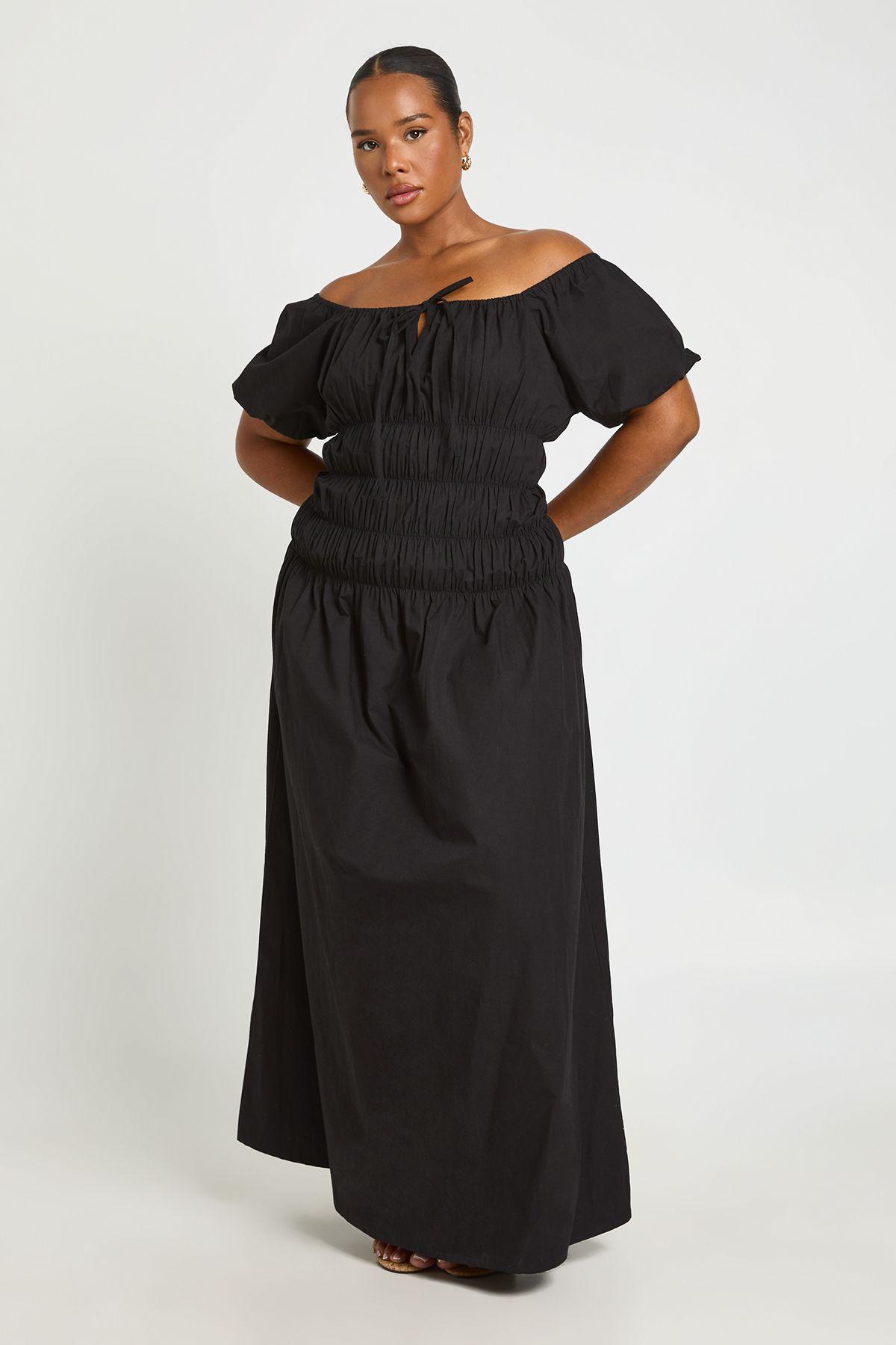 Plus Puff Sleeve Tirred Ruching Maxi Dress by BOOHOO