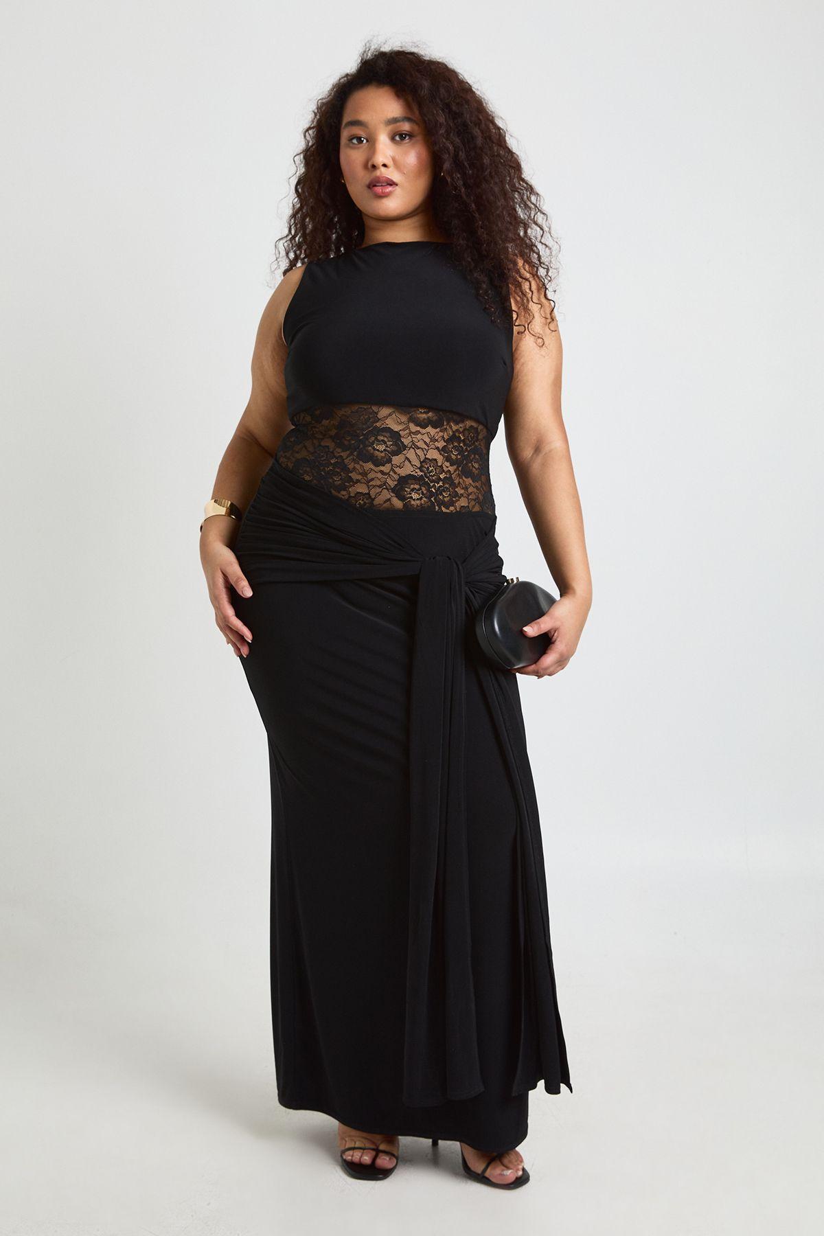 Plus Racer Neck Lace Panel Tie Drape Maxi Dress by BOOHOO