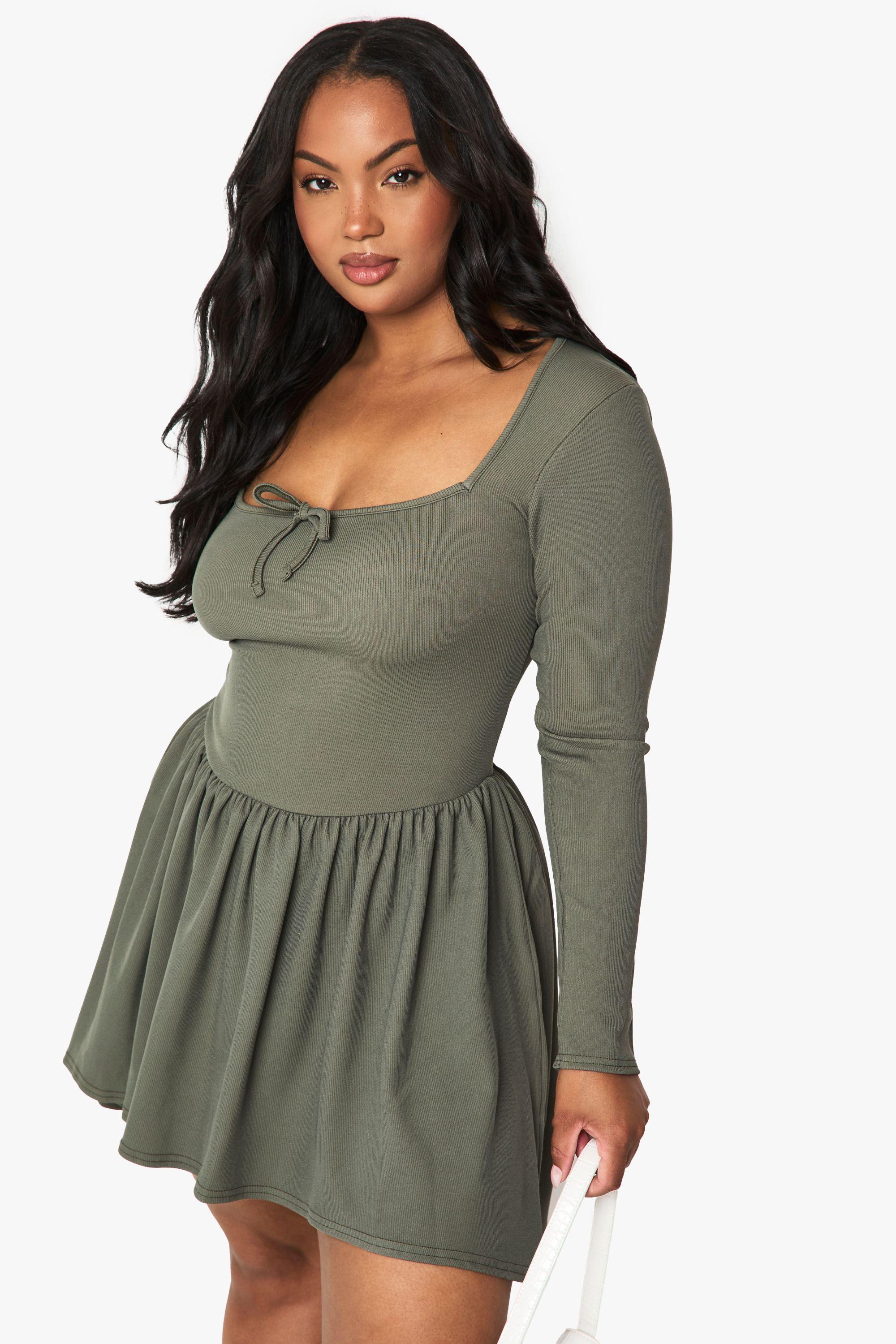 Plus Rib Bow Detail Skater Dress by BOOHOO
