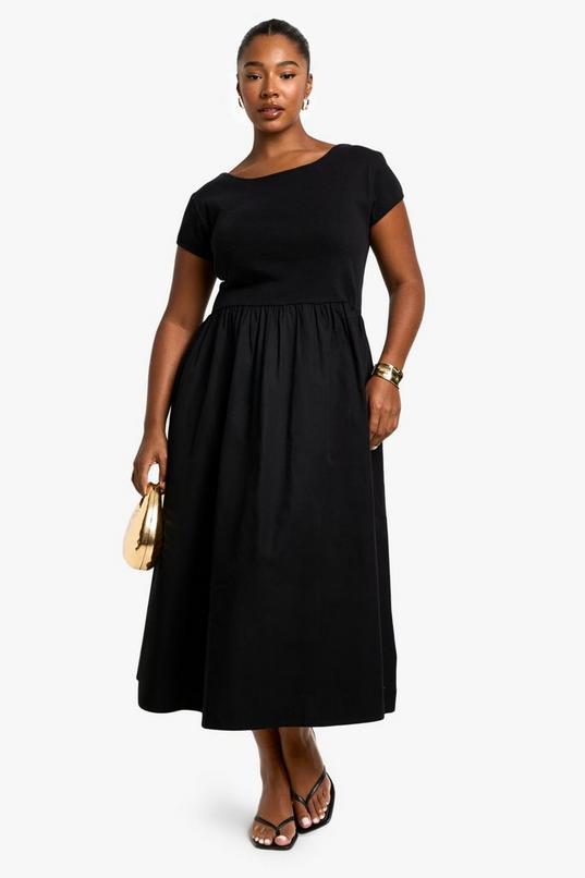 Plus Rib Cotton Poplin Short Sleeve Smock Dress by BOOHOO