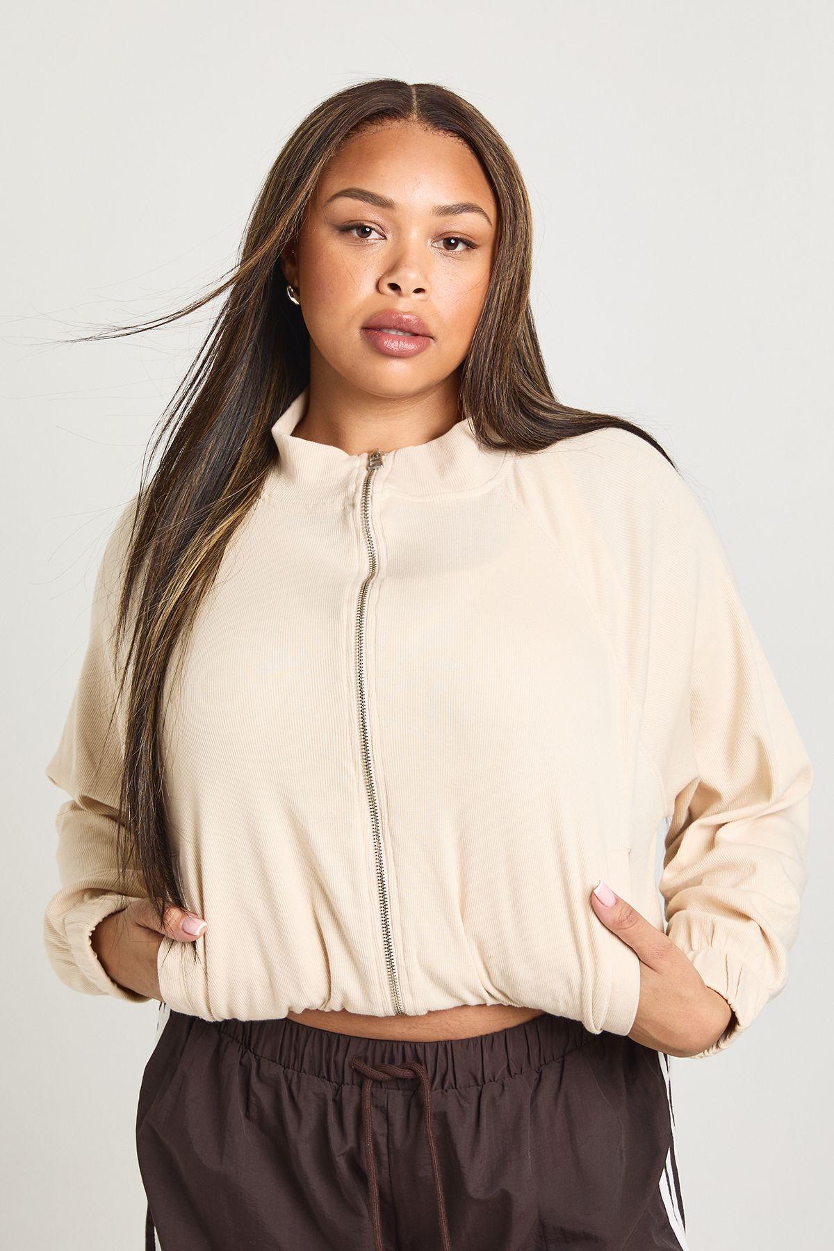 Plus Rib Funnel Neck Zip Up Jacket by BOOHOO