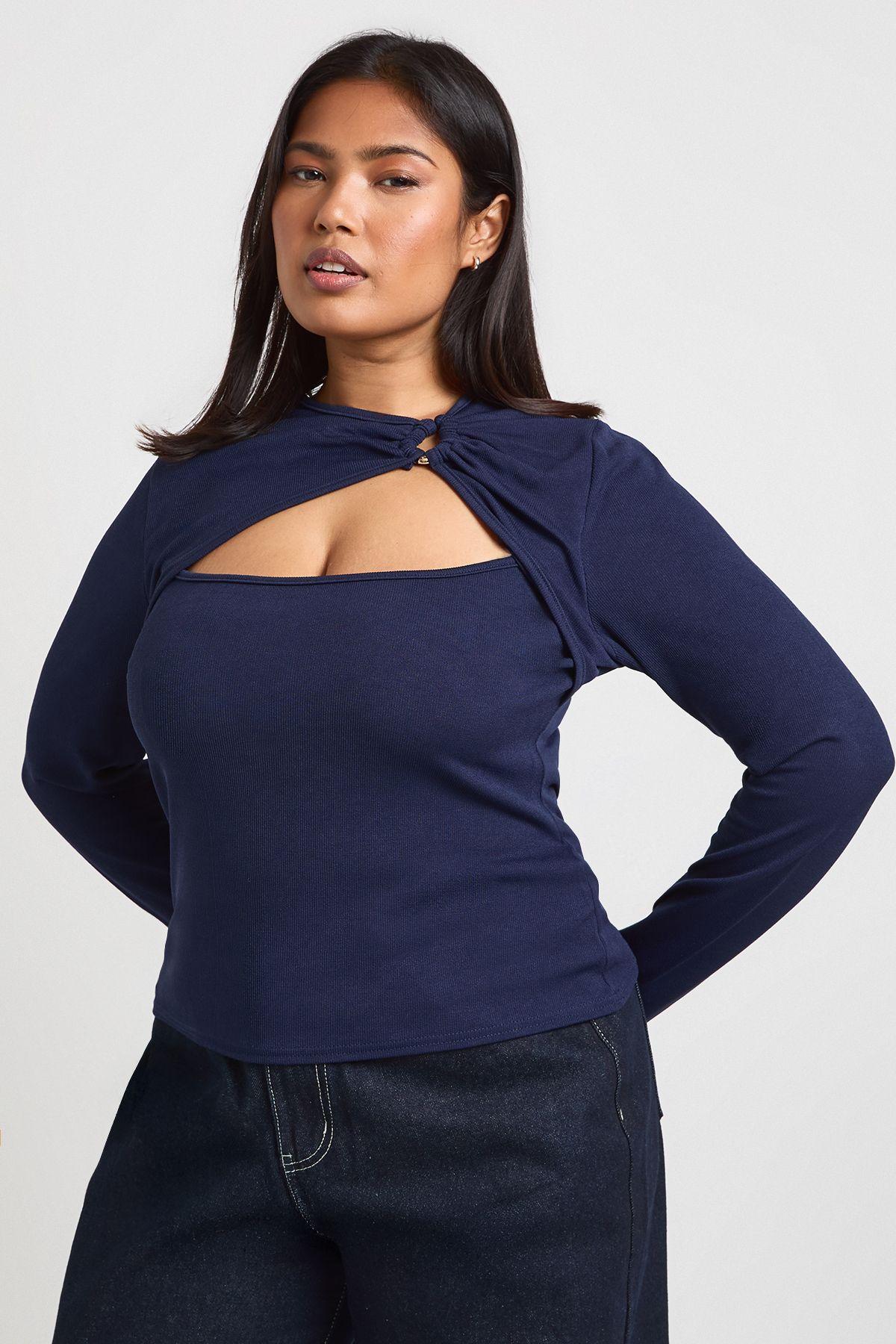 Plus Rib Gold Trim Detail Cut Out Long Sleeve by BOOHOO