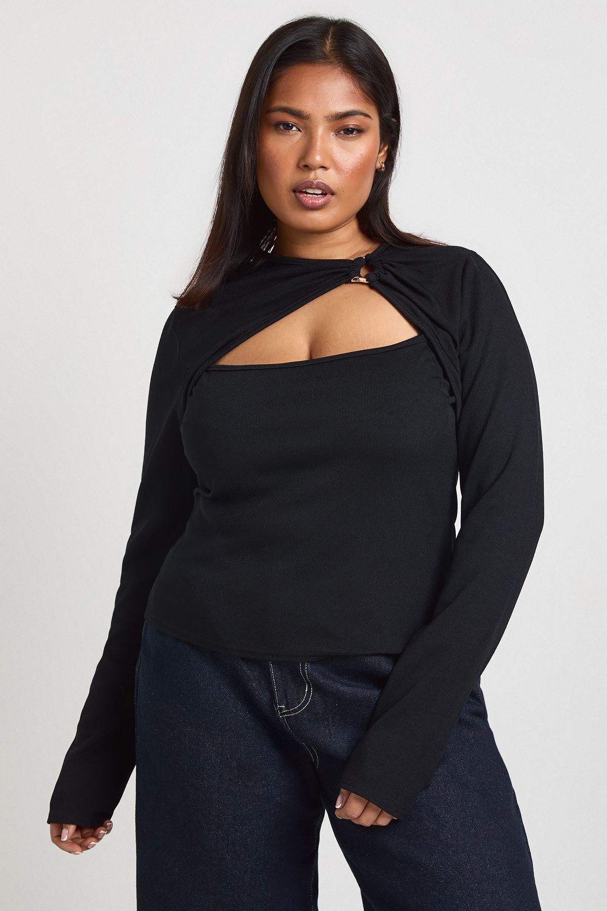 Plus Rib Gold Trim Detail Cut Out Long Sleeve by BOOHOO