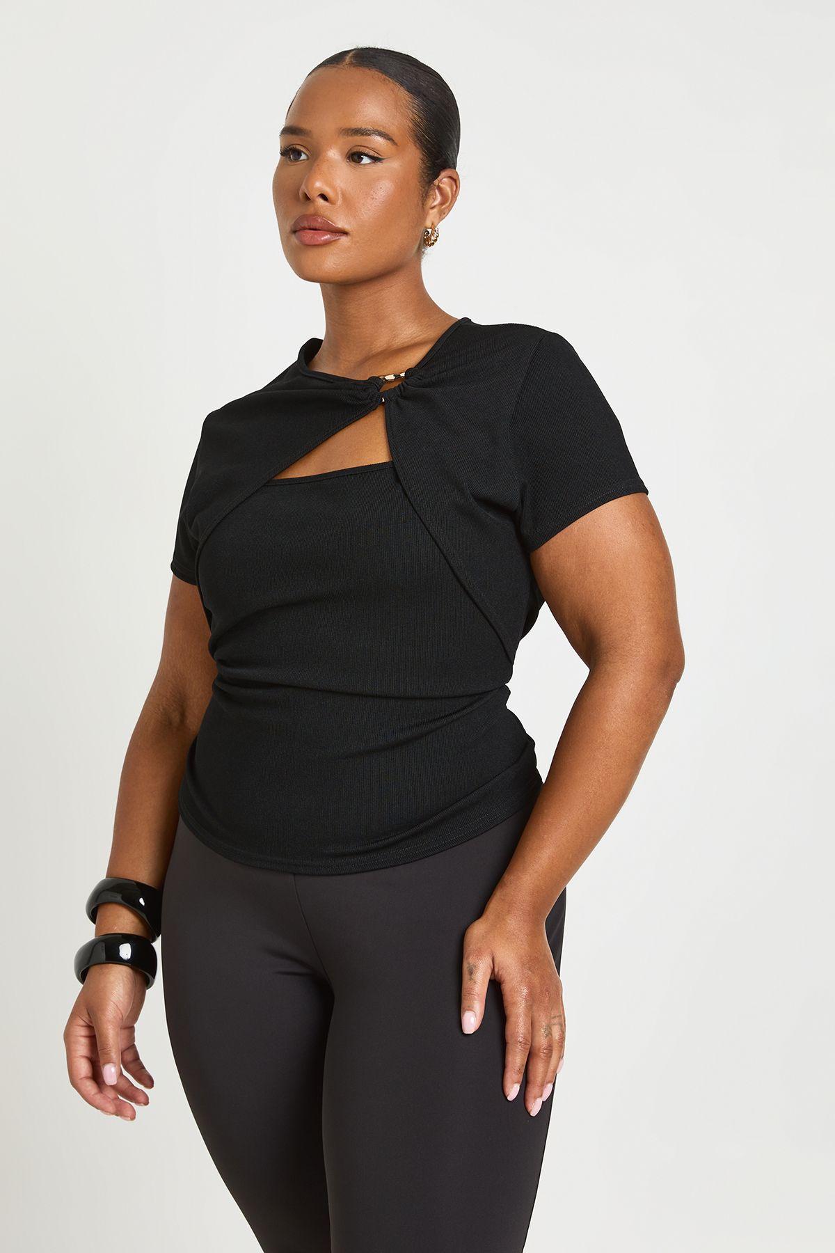 Plus Rib Gold Trim Detail Cut Out Short Sleeve Top by BOOHOO