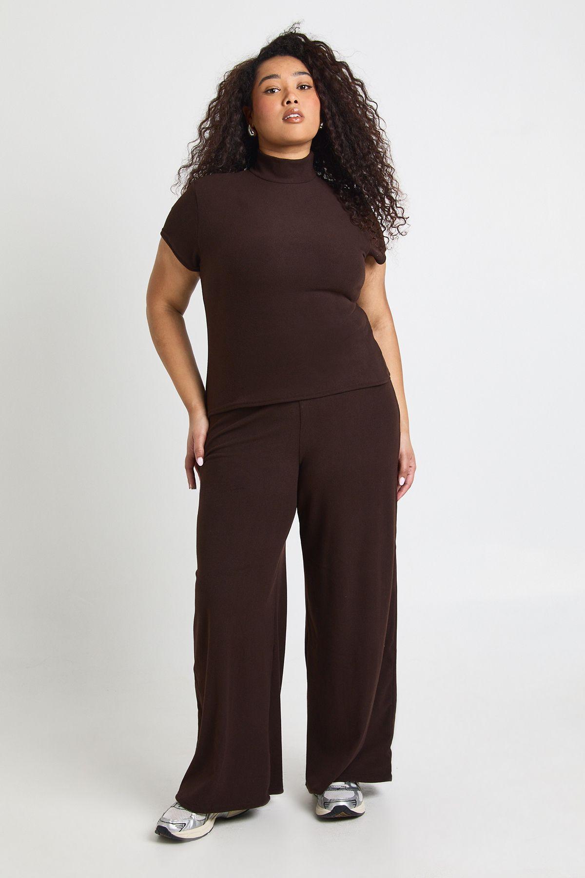 Plus Rib High Neck Cap Sleeve Top and Wide Leg Trousers Co Ord by BOOHOO