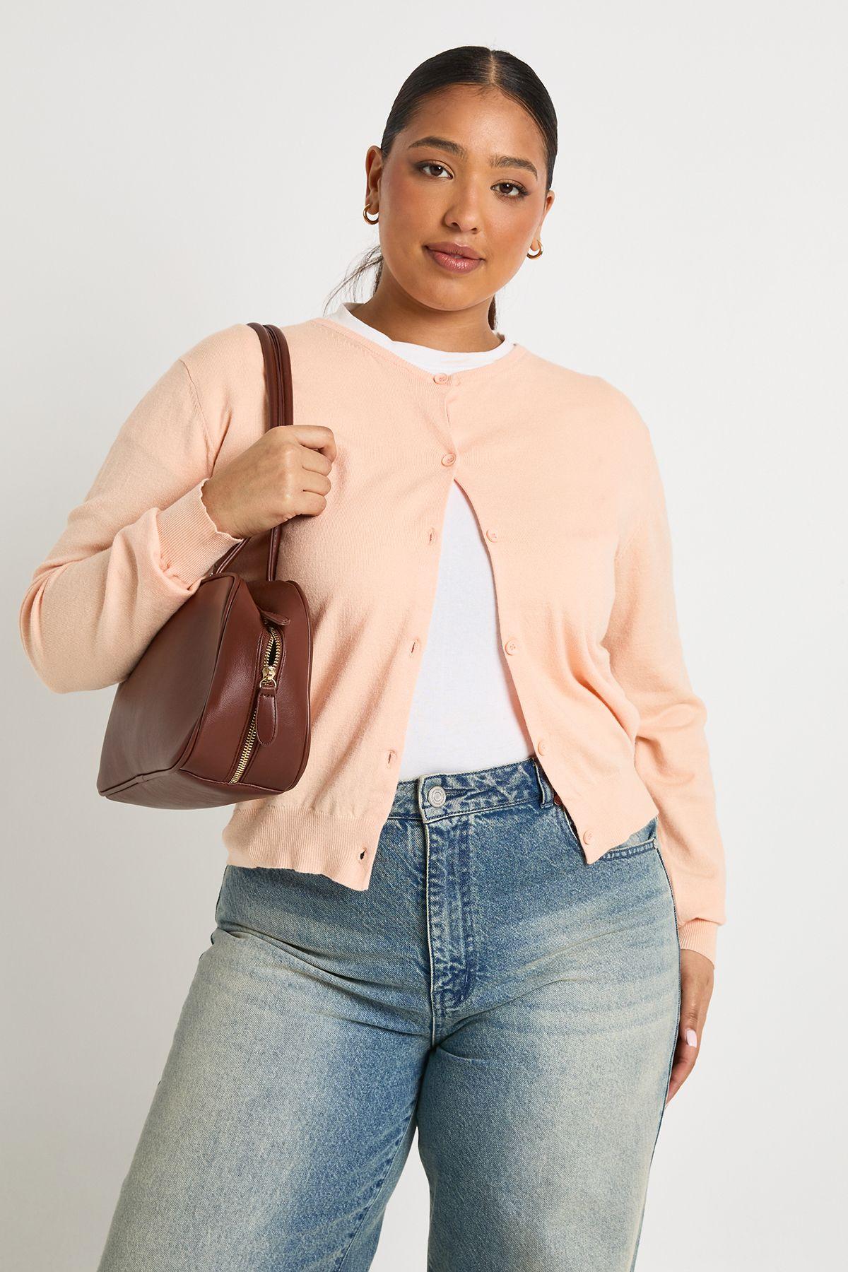 Plus Rib Knit Crew Neck Button Through Cardigan by BOOHOO
