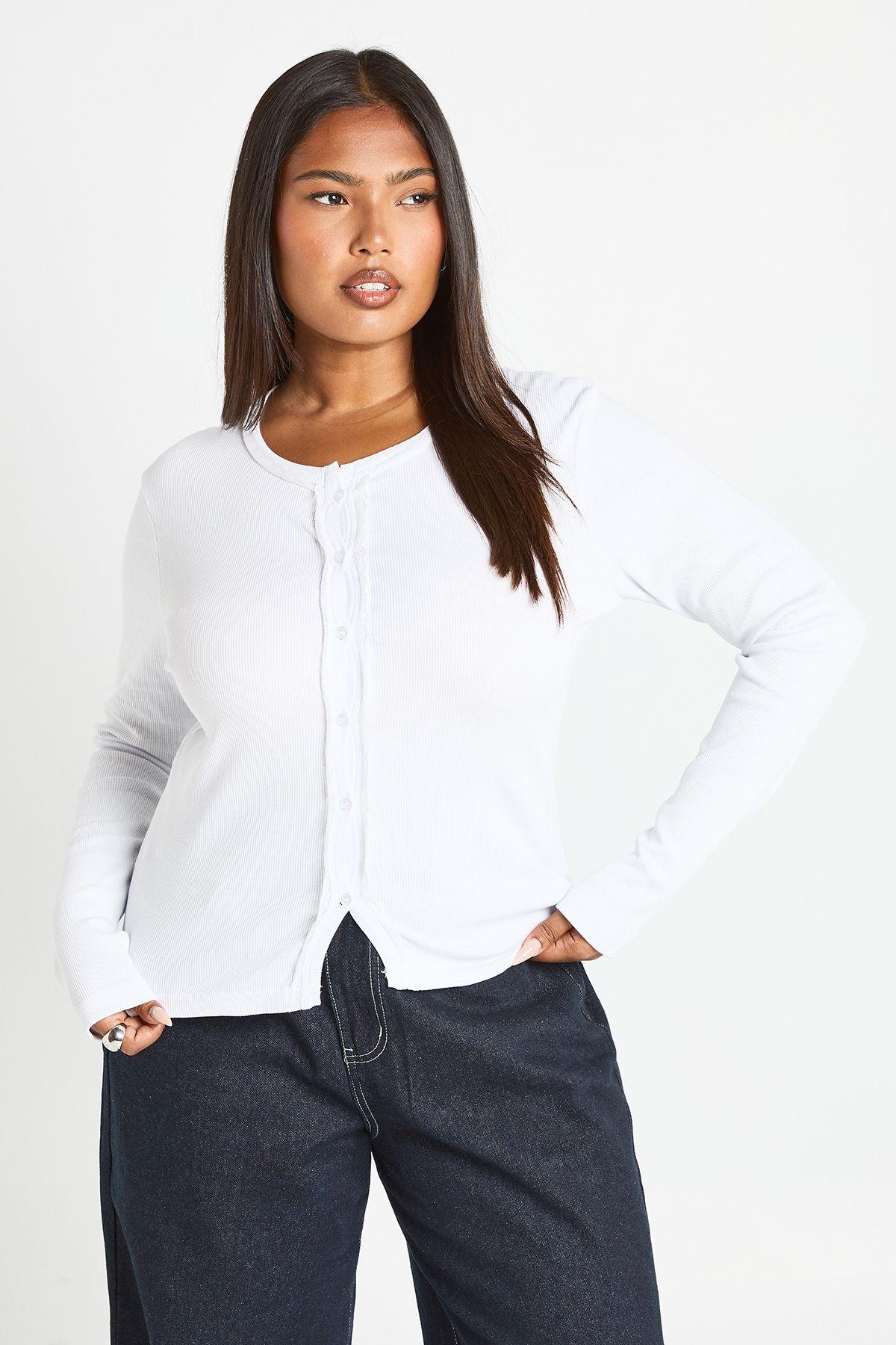 Plus Rib Lace Trim Detail Button Through Long Sleeve Top by BOOHOO