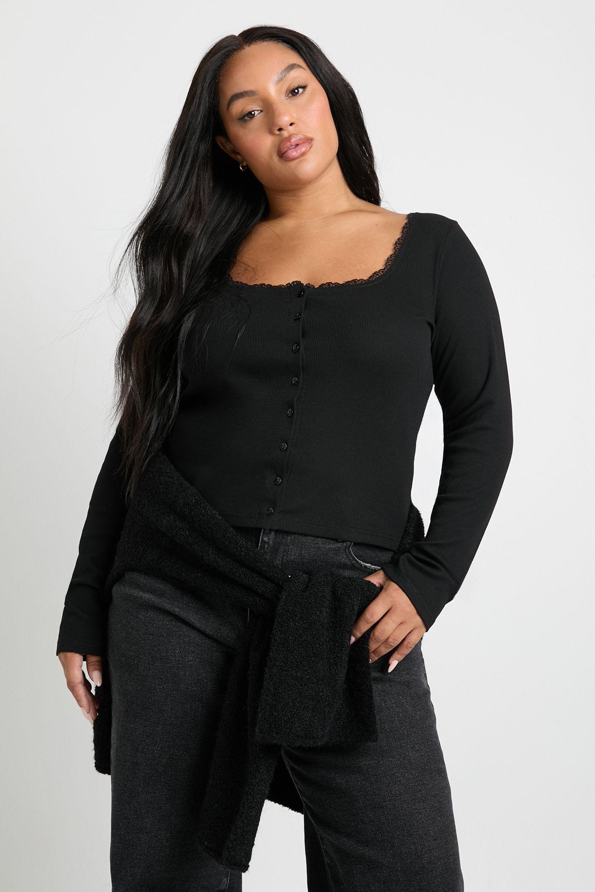 Plus Rib Lace Trim Square Neck Long Sleeve Top by BOOHOO Plus Rib Lace Trim Square Neck Long Sleeve Top by BOOHOO