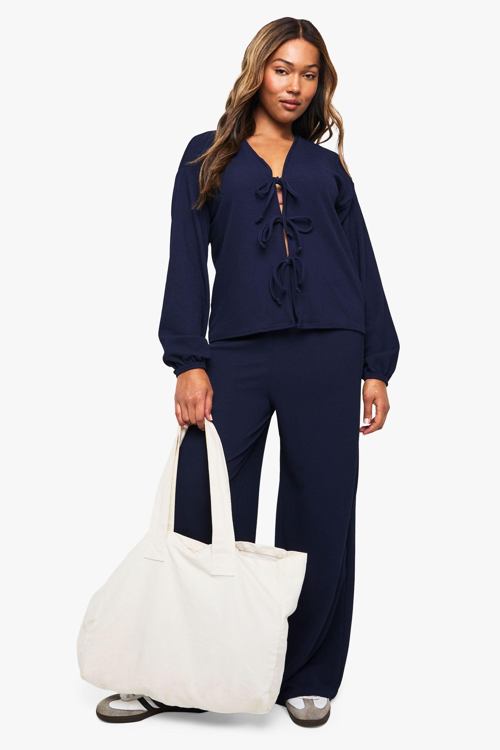 Plus Rib Tie Front Blouse and Trouser Co-ord by BOOHOO